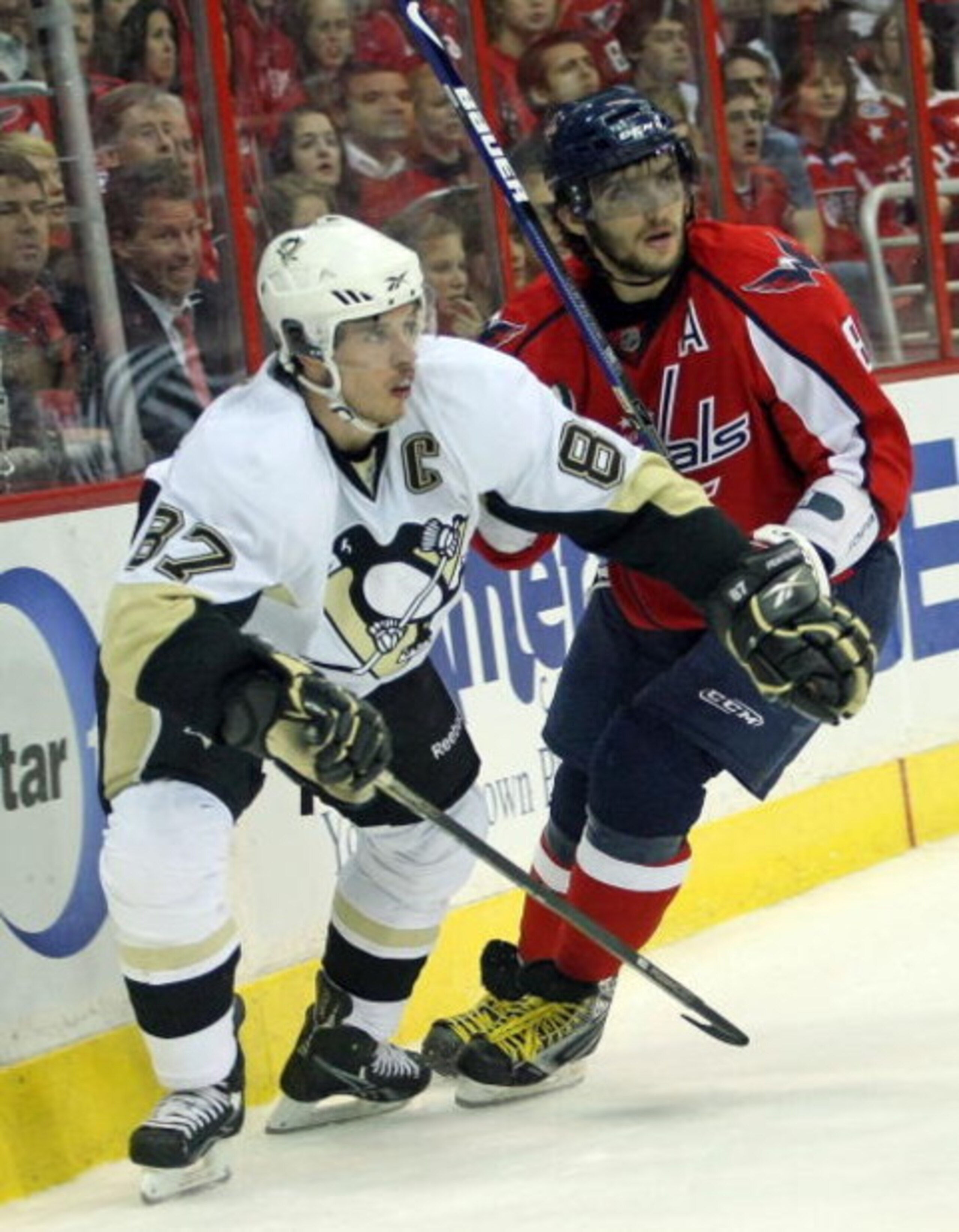WASHINGTON - MAY 13:  Alex Ovechkin #8 of the Washington Capitals skates against Sidney Crosby #87 of the Pittsburgh Penguins during Game Seven of the Eastern Conference Semifinal  Round of the 2009 Stanley Cup Playoffs at Verizon Center on May 13, 2009 i