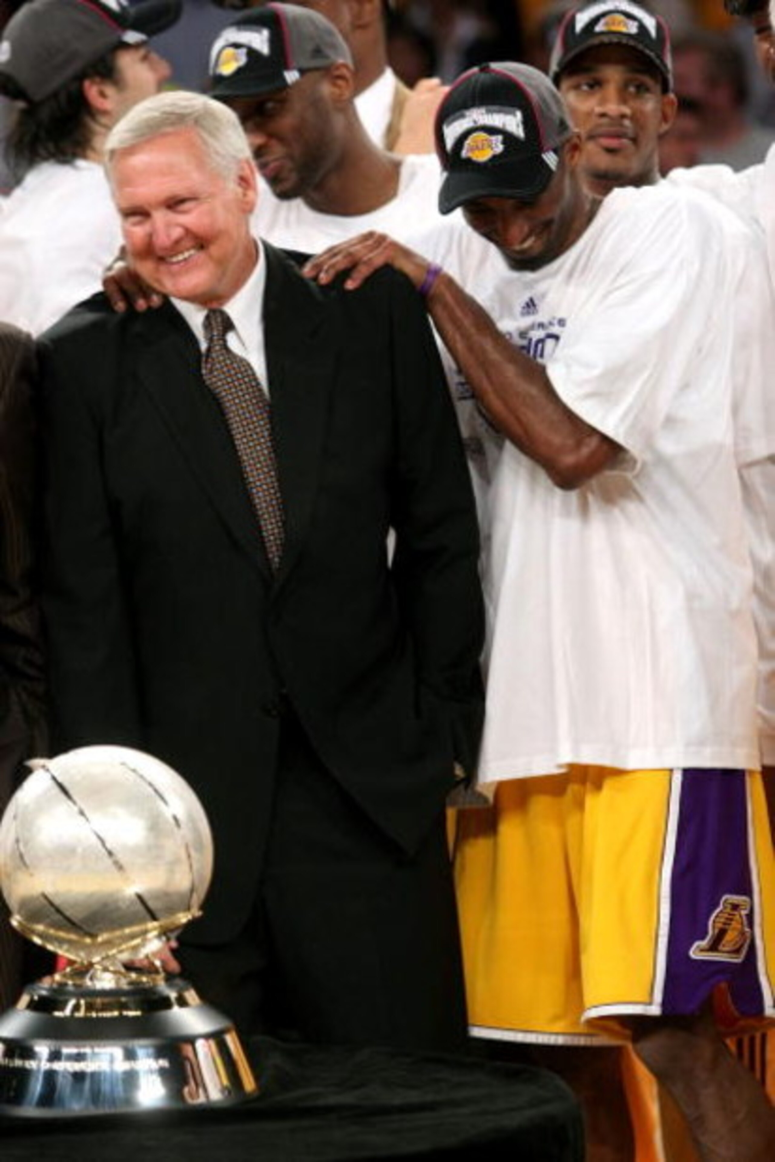 LOS ANGELES, CA - MAY 29:  Los Angeles Lakers legend Jerry West and Kobe Bryant #24 of the Los Angeles Lakers celebrate after the Lakers defeated the San Antonio Spurs in Game Five of the Western Conference Finals during the 2008 NBA Playoffs on May 29, 2