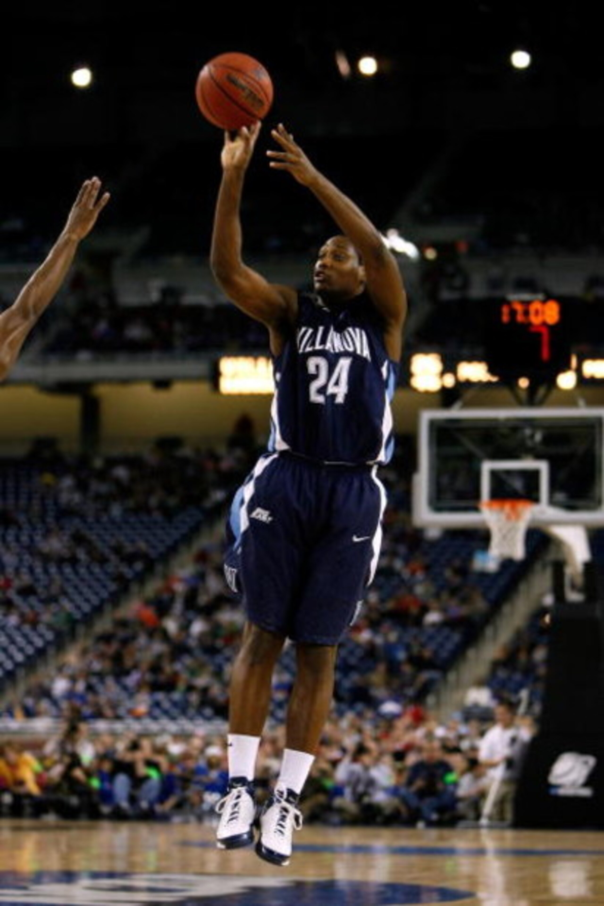 DETROIT - MARCH 28: Corey Stokes #24 of the Villanova Wildcats attempts a shot against the Kansas Jayhawks during the Midwest Regional Semifinal of the 2008 NCAA Division I Men's Basketball Tournament at Ford Field on March 28, 2008 in Detroit, Michigan. DETROIT - MARCH 28: Corey Stokes #24 of the Villanova Wildcats attempts a shot against the Kansas Jayhawks during the Midwest Regional Semifinal of the 2008 NCAA Division I Men's Basketball Tournament at Ford Field on March 28, 2008 in Detroit, Michigan.