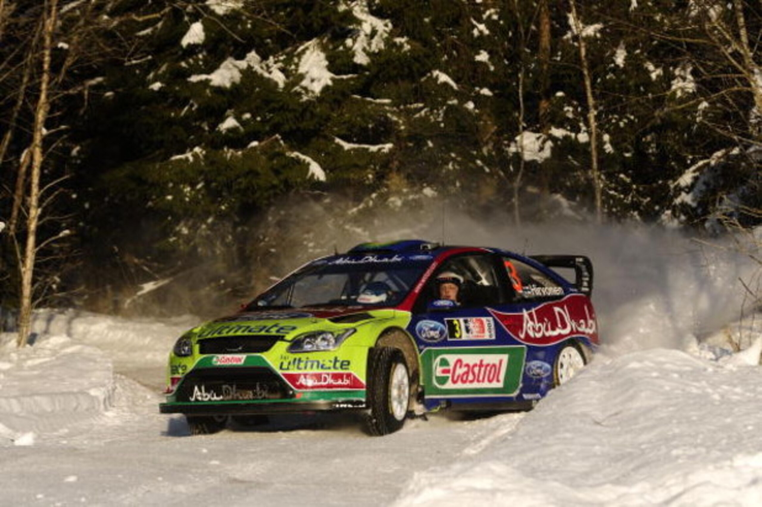 HAMAR, NORWAY - FEBRUARY 14:  Mikko Hirvonen and Jarmo Lehtinen of BP Ford Abu Dhabi WRT, Ford Focus RS in action during Leg 2 of Rally Norway 2009 on February 14, 2009 in Hamar, Norway.  (Photo by Reporter Images/Getty Images)