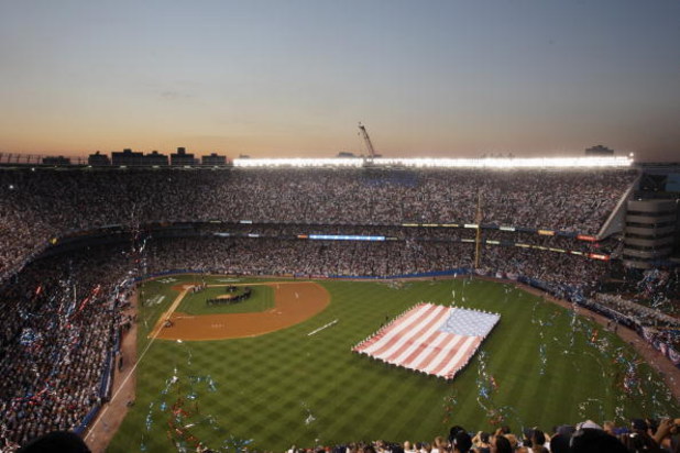 NEW YORK - JULY 15:  A general view of an American flag on the field during the 79th MLB All-Star Game at Yankee Stadium on July 15, 2008 in the Bronx borough of New York City. (Photo by Mike Stobe/Getty Images)