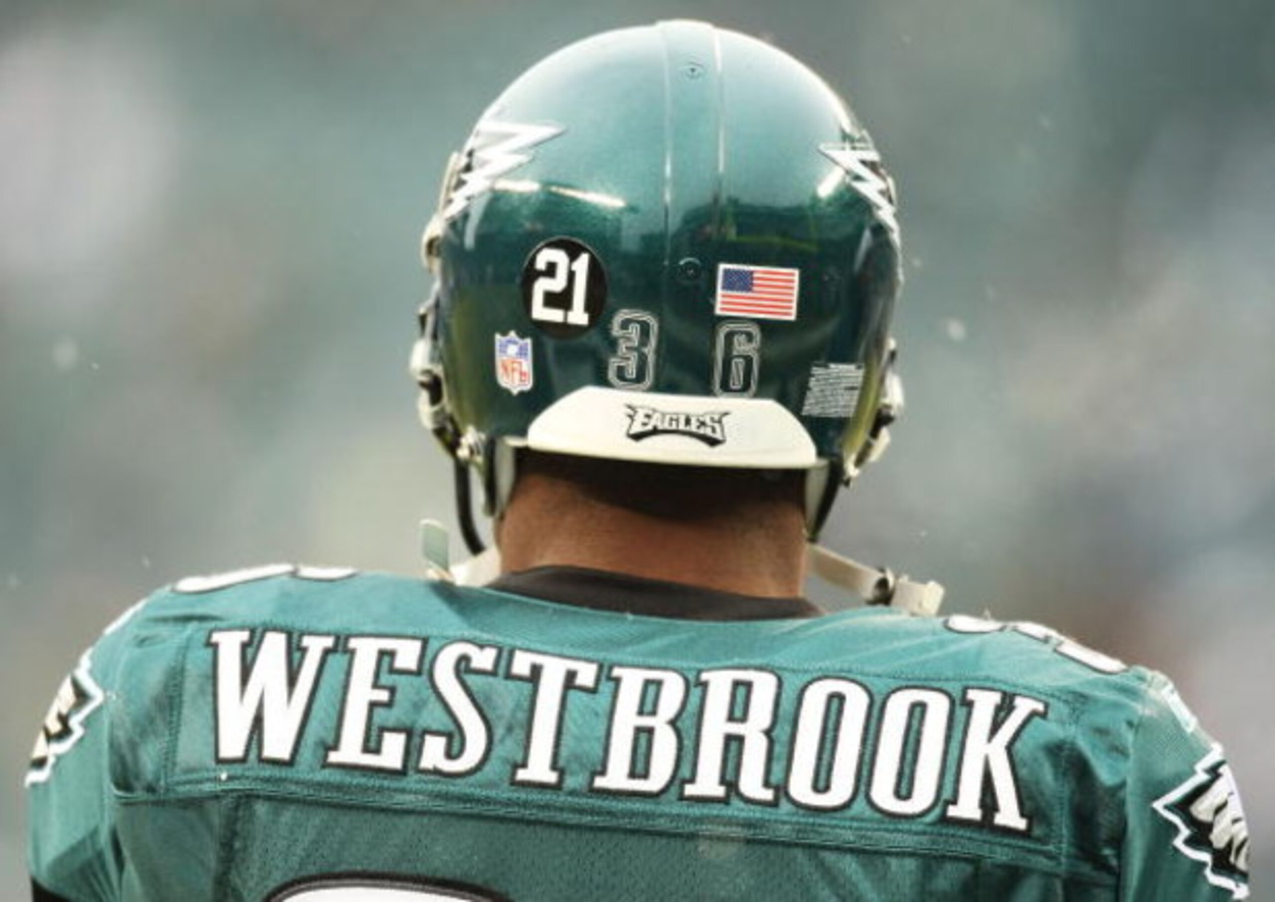 PHILADELPHIA - DECEMBER 02:  Michael Westbrook #36 of the Philadelphia Eagles wears the number 21 of murdered Washington Redskin Sean Taylor on the back of his helmet during the game against Seattle Seahawks on December 2, 2007 at Lincoln Financial Field 