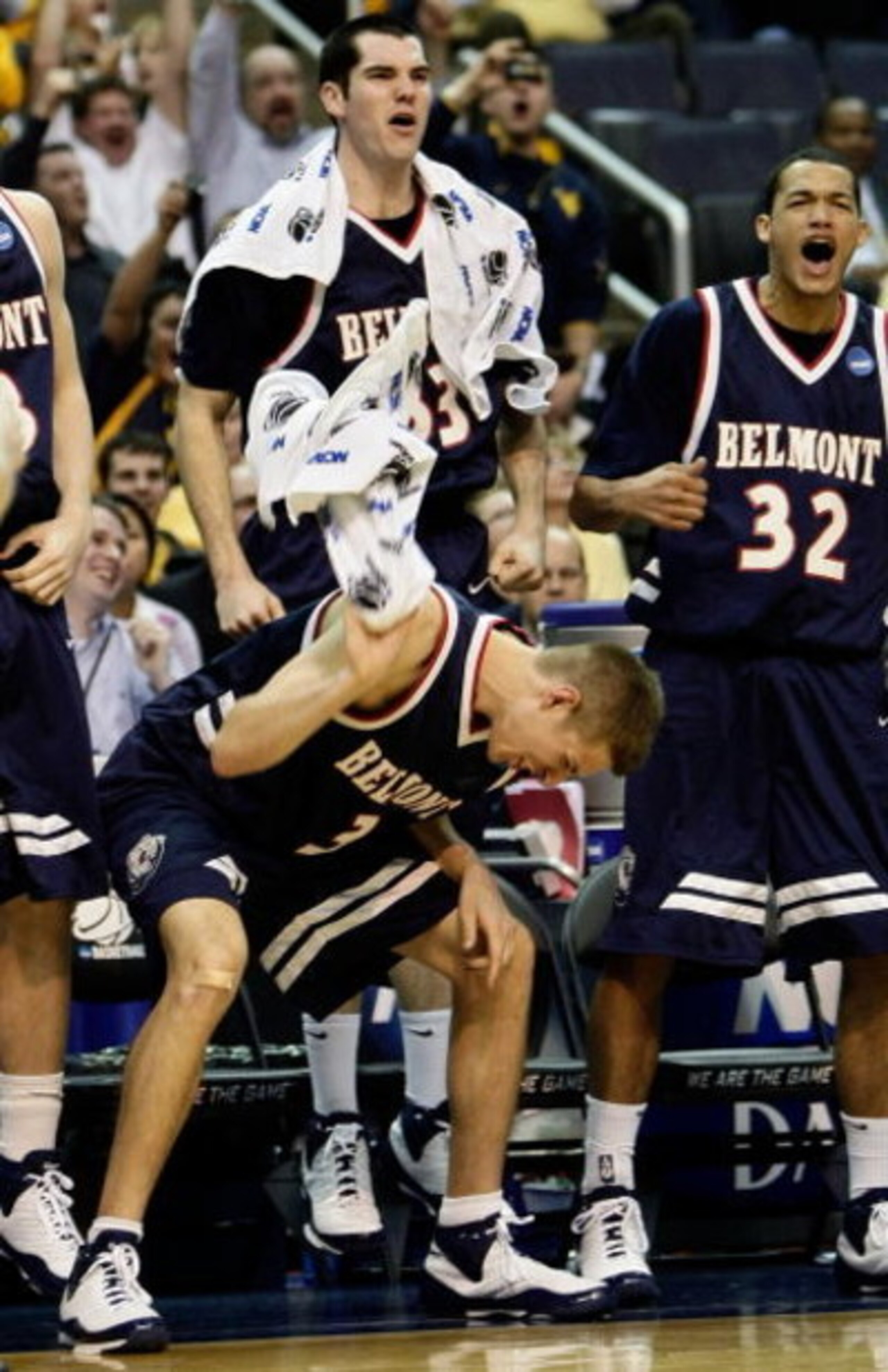 WASHINGTON - MARCH 20: Keaton Belcher #3, Will Peeples #33 and Jordan Campbell #32 of the Belmont Bruins react to a play from the bench against the Duke Blue Devils during the first round of the West Regional as part of the 2008 NCAA Men's Basketball Tou WASHINGTON - MARCH 20: Keaton Belcher #3, Will Peeples #33 and Jordan Campbell #32 of the Belmont Bruins react to a play from the bench against the Duke Blue Devils during the first round of the West Regional as part of the 2008 NCAA Men's Basketball Tou