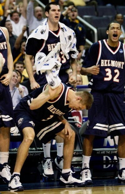 WASHINGTON - MARCH 20:  Keaton Belcher #3, Will Peeples #33 and Jordan Campbell #32 of the Belmont Bruins react to a play from the bench against the Duke Blue Devils during the first round of the West Regional as part of the 2008 NCAA Men's Basketball Tou
