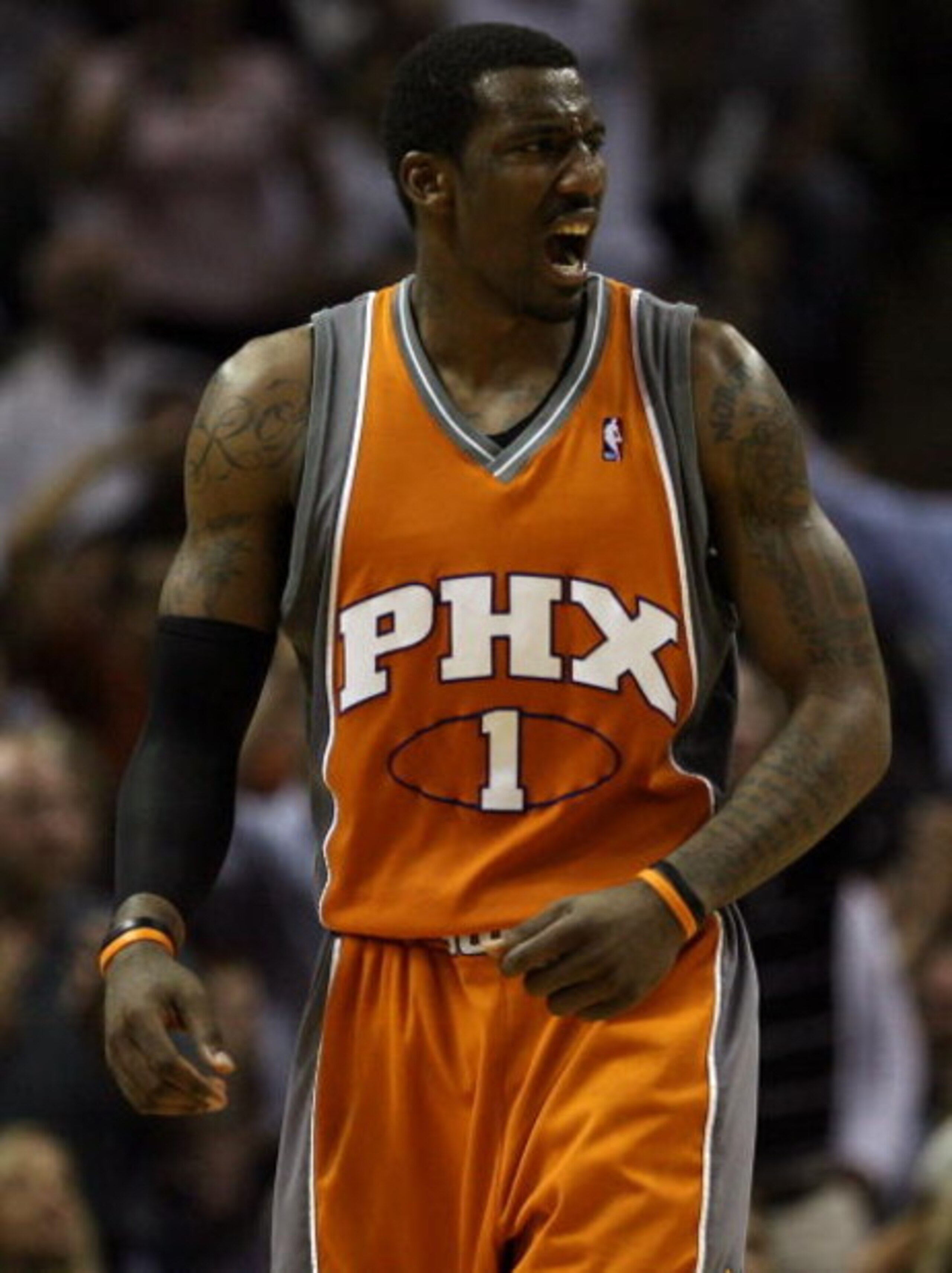 SAN ANTONIO - APRIL 22:  Center Amare Stoudemire #1 of the Phoenix Suns reacts against the San Antonio Spurs in Game Two of the Western Conference Quarterfinals during the 2008 NBA Playoffs at the AT&T Center on April 22, 2008 in San Antonio, Texas. NOTE 