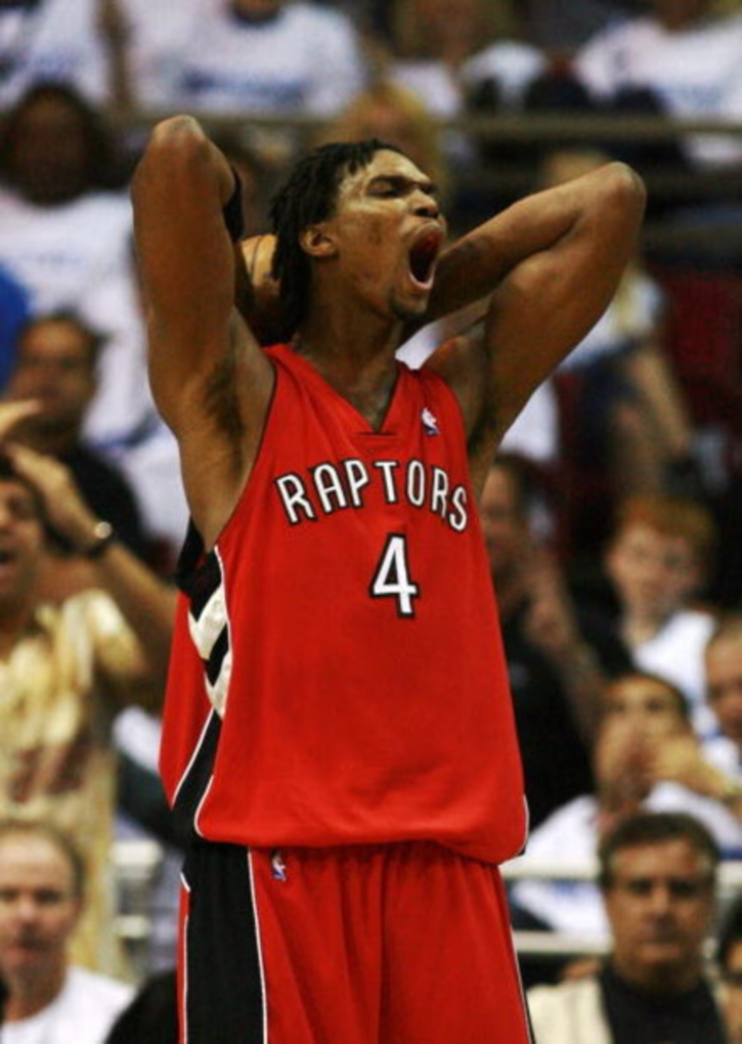 ORLANDO, FL - APRIL 20:  Chris Bosh #4 of the Toronto Raptors reacts after being called for a foul in the second half against the Orlando Magic in Game One of the Eastern Conference Quarterfinals during the 2008 NBA Playoffs at the Amway Arena on April 20