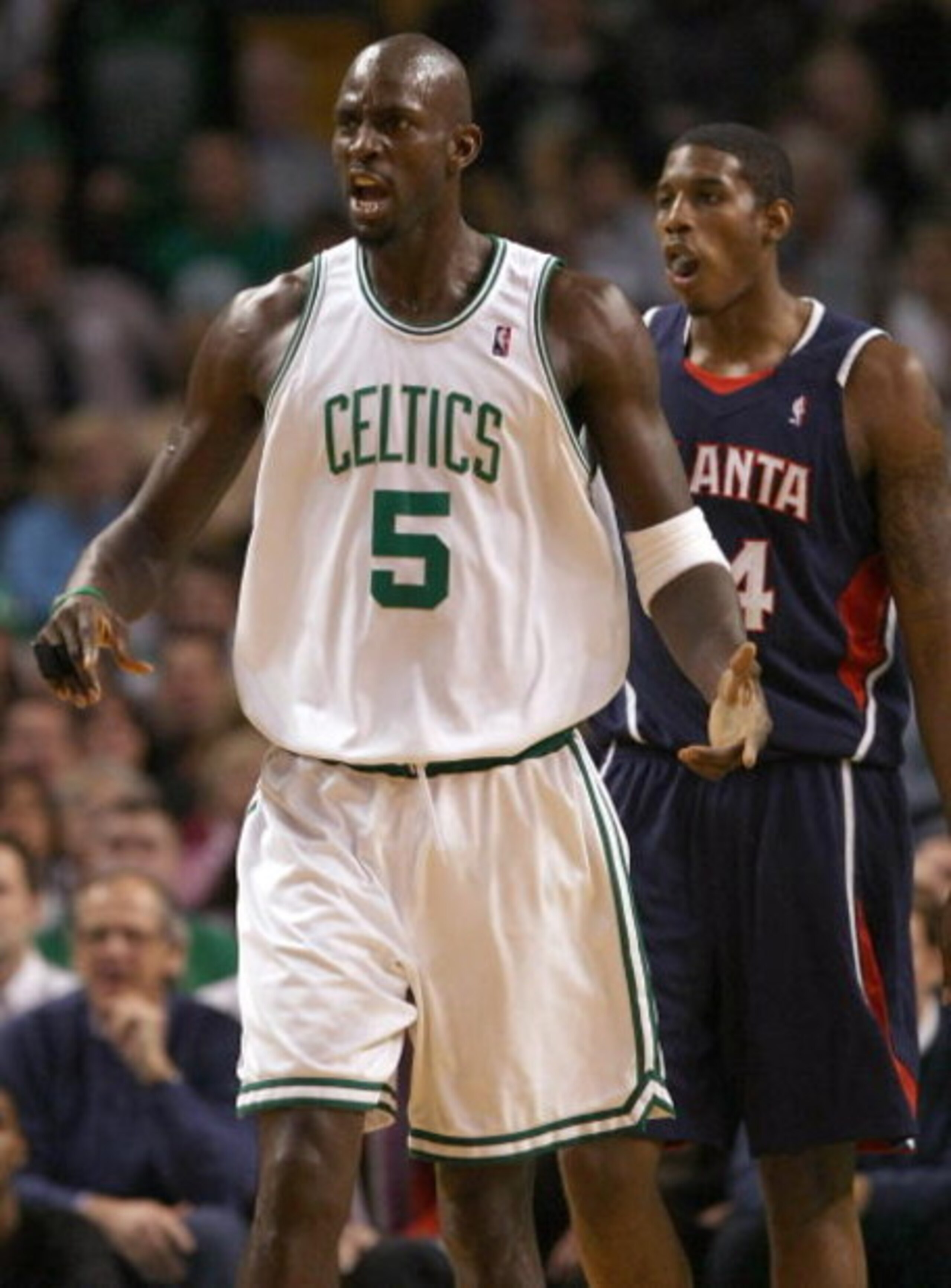 BOSTON - NOVEMBER 12:  Kevin Garnett #5 of the Boston Celtics reacts after the celtics are called for taking the ball over and back in the first quarter against the Atlanta Hawks on November 12,  2008 at TD Banknorth Garden in Boston, Massachusetts. NOTE 