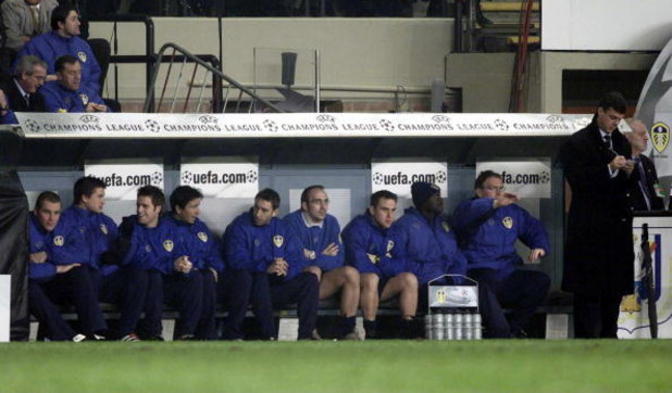 21 Feb 2001:  Leeds bench with only five named substitutes out of a possiable seven during the match between RSC Anderlecht and Leeds United in Group D of the UEFA Champions League at the Stade Constant Vanden Stock, Brussels, Belgium. Digital Image. Mand