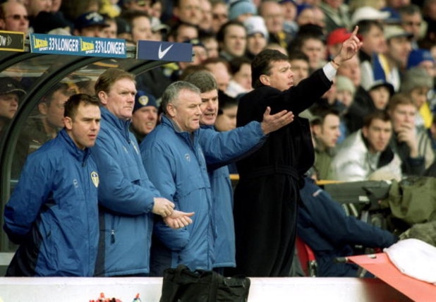 3 Mar 2001:  Leeds United manager David O''Leary with new head coach Brian Kidd on the Leeds bench during the FA Carling Premiership match against Manchester United at Elland Road in Leeds, England. The game ended 1-1. \ Mandatory Credit: Laurence Griffit