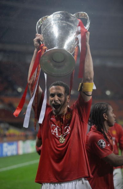 MOSCOW - MAY 21:  Rio Ferdinand of Manchester United celebrates with the trophy after the UEFA Champions League Final match between Manchester United and Chelsea at the Luzhniki Stadium on May 21, 2008 in Moscow, Russia.  (Photo by Shaun Botterill/Getty I