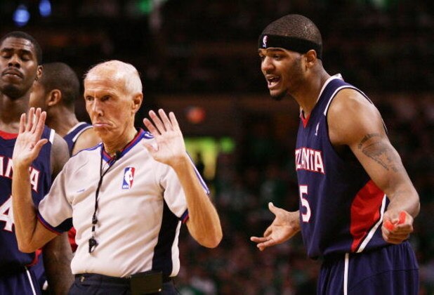 BOSTON - APRIL 30:  Referee Dick Bavetta #27 will not listen as Josh Smith #5 of the Atlanta Hawks tries to plead his case during Game Five of the Eastern Conference Quarterfinals during the 2008 NBA Playoffs on April 30, 2008 at the TD Banknorth Garden i