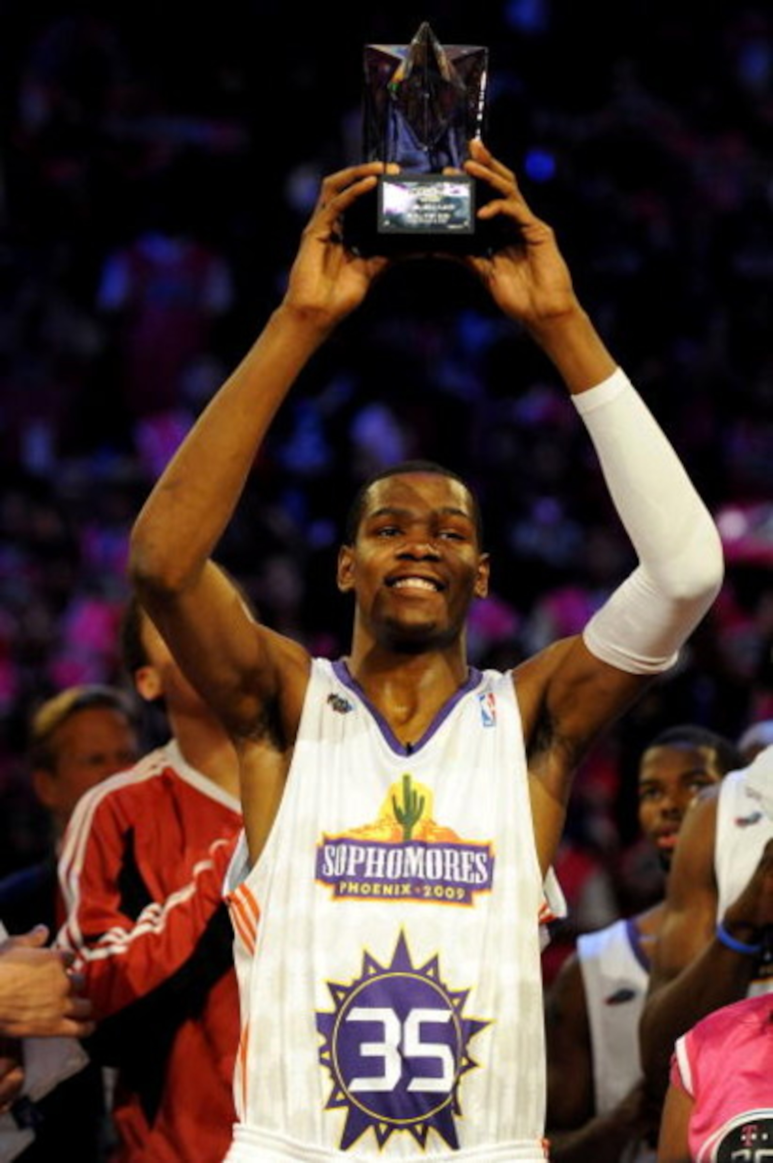 PHOENIX - FEBRUARY 13:  Kevin Durant #35 of the Sophomore team holds up the MVP trophy after the Sophomores won the T-Mobile Rookie Challenge & Youth Jam part of 2009 NBA All-Star Weekend at US Airways Center on February 13, 2009 in Phoenix, Arizona.  NOT