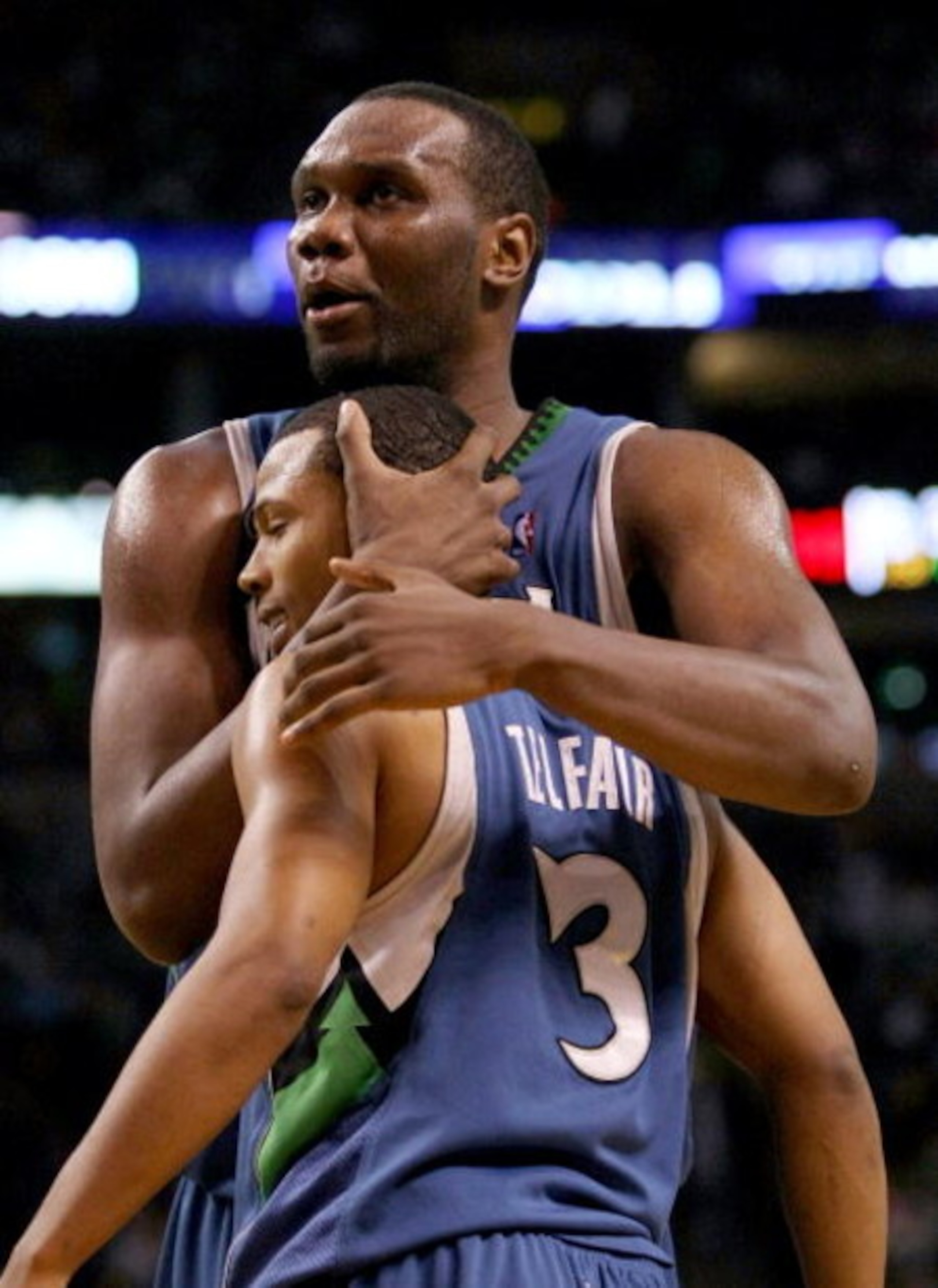 BOSTON - FEBRUARY 01:  Al Jefferson #25 and Sebastian Telfair #3 of Minnesota Timberwolves celebrate a foul called against the Boston Celtics on February 1, 2009 at TD Banknorth Garden in Boston, Massachusetts. NOTE TO USER: User expressly acknowledges an