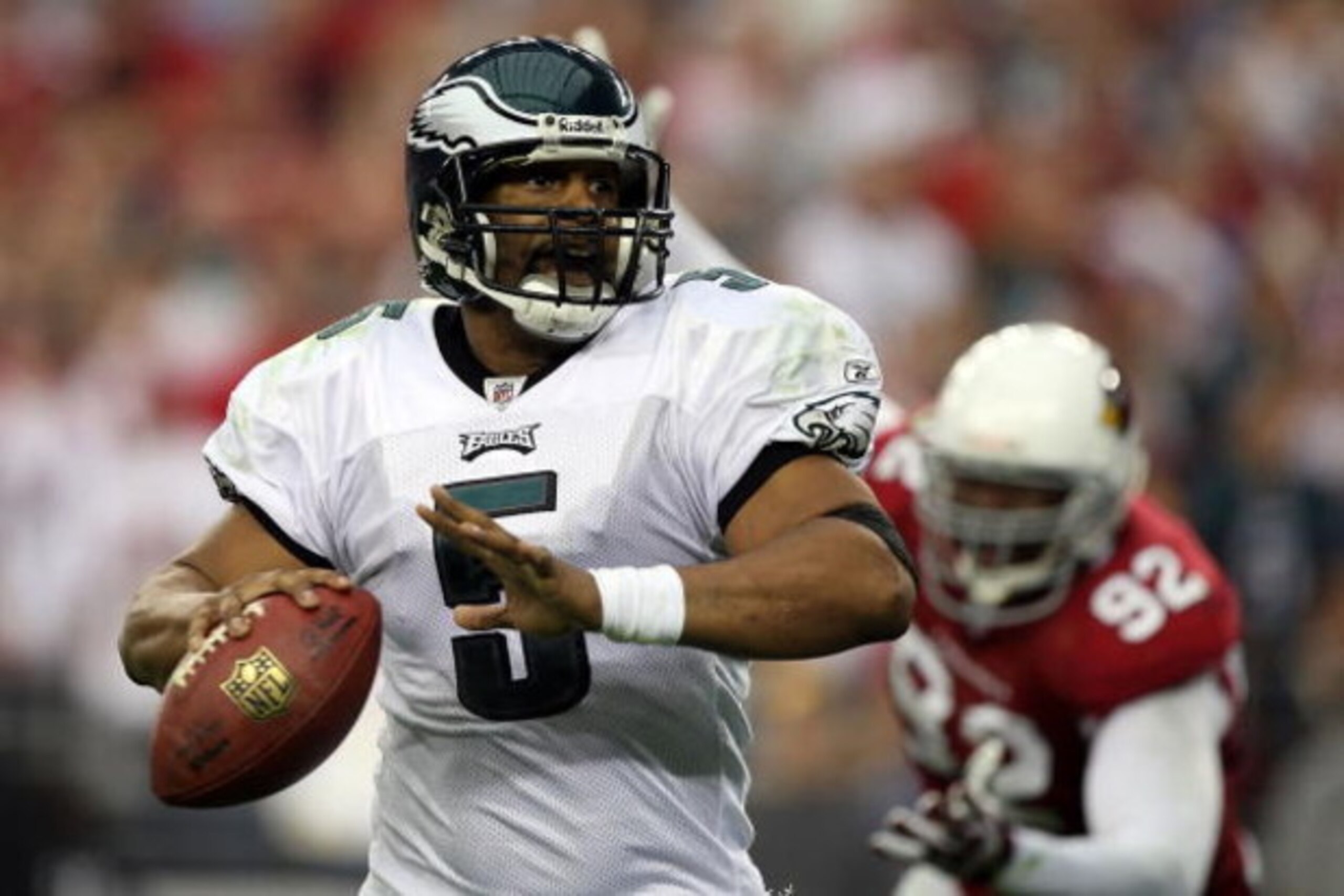 GLENDALE, AZ - JANUARY 18:  Quarterback Donovan McNabb #5 of the Philadelphia Eagles looks to throw the ball during the NFC championship game against the Arizona Cardinals on January 18, 2009 at University of Phoenix Stadium in Glendale, Arizona.  (Photo 