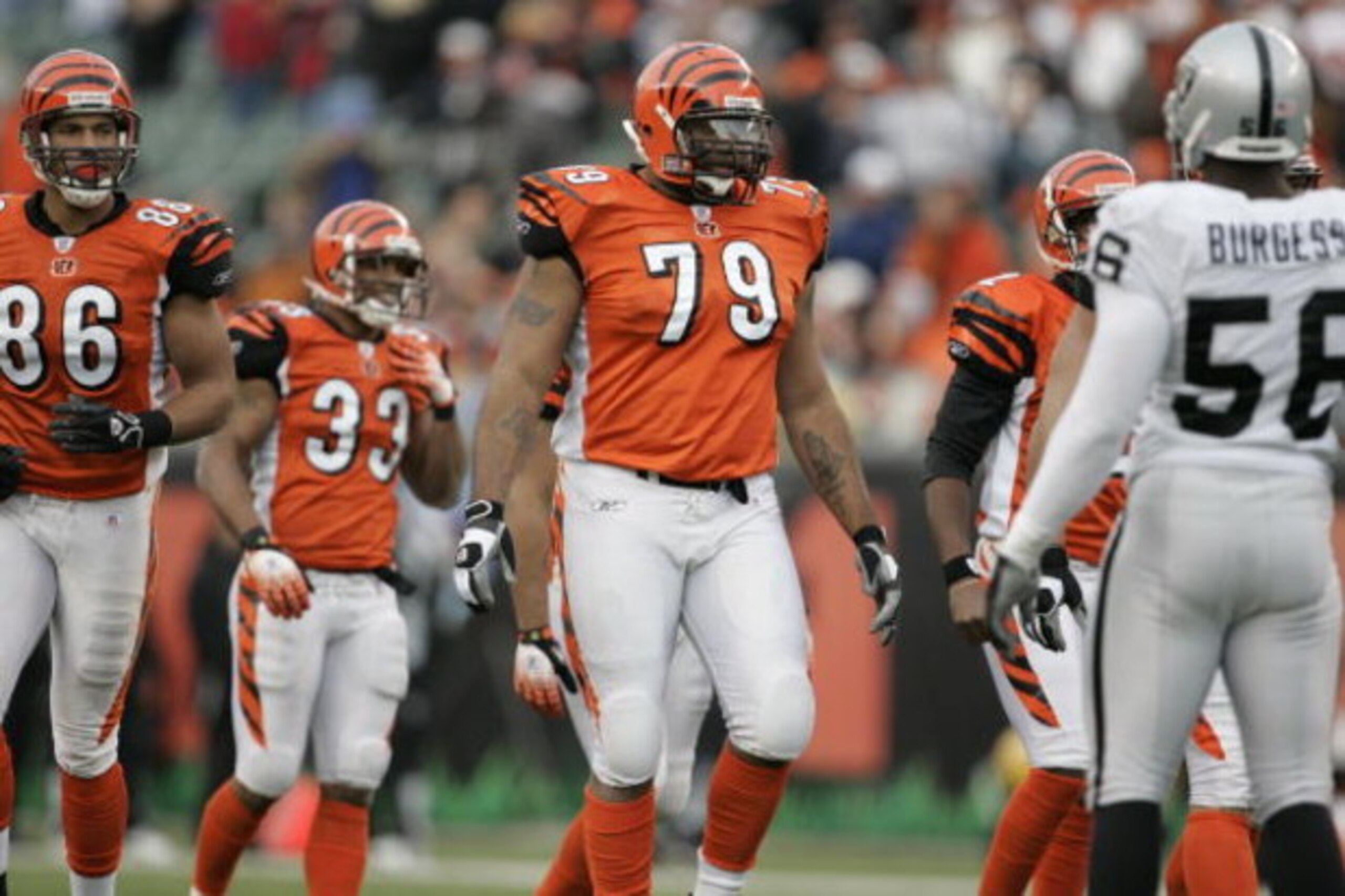 CINCINNATI - DECEMBER 10:  Offensive guard Stacy Andrews #79 of the Cincinnati Bengals walks to the line of scrimmage against the Oakland Raiders on December 10, 2006 at Paul Brown Stadium in Cincinnati, Ohio. The Bengals defeated the Raiders 27-10. (Phot