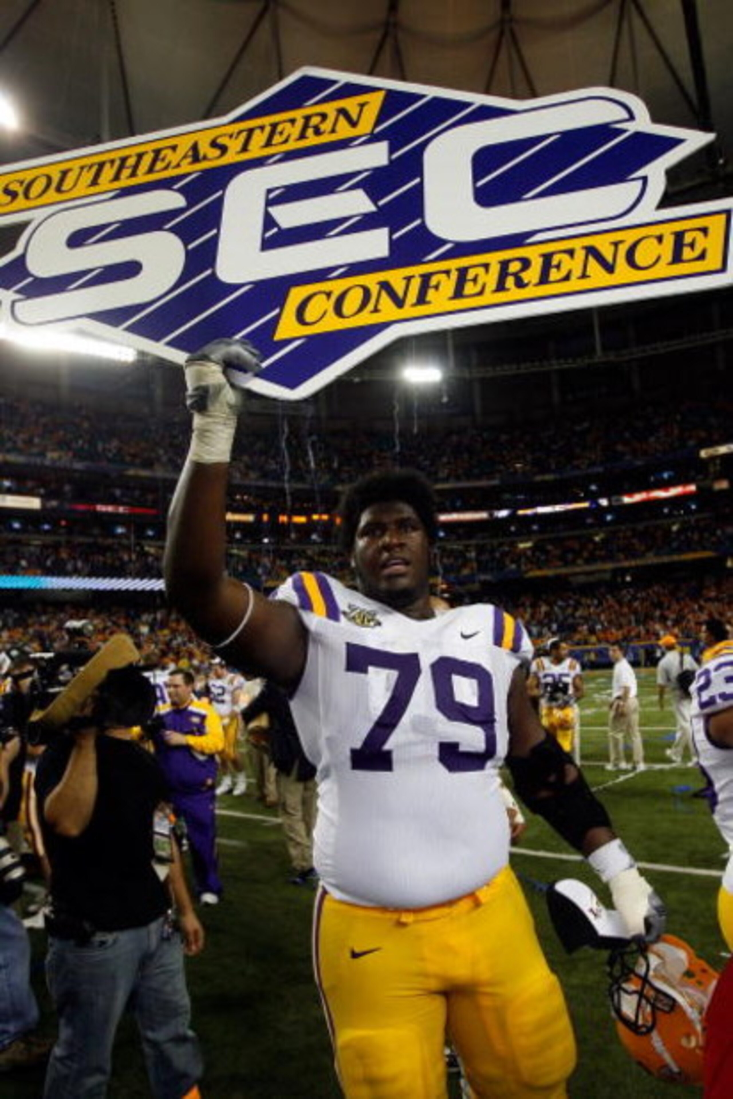 ATLANTA - DECEMBER 01:  Herman Johnson #79  of the Louisiana State University Tigers celebrates after defeating the University of Tennessee Volunteers, 21-14 in the SEC Championship game on December 1, 2007 at the Georgia Dome in Atlanta, Georgia.  (Photo