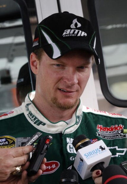 FONTANA, CA - FEBRUARY 20: Dale Earnhardt Jr., driver of the #88 Amp Energy/National Guard Chevrolet, speaks with the media after practice for the NASCAR Sprint Cup Series Auto Club 500 at Auto Club Speedway on February 20, 2009 in Fontana, California. (J