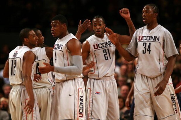 NEW YORK - MARCH 13:  A.J. Price #12, Craig Austrie #24, Jeff Adrien #4, Stanley Robinson #21 and Hasheem Thabeet #34  of the Connecticut Huskies looks on against the West Virginia Mountaineers during day two of the 2008 Big East Men's Basketball Champion