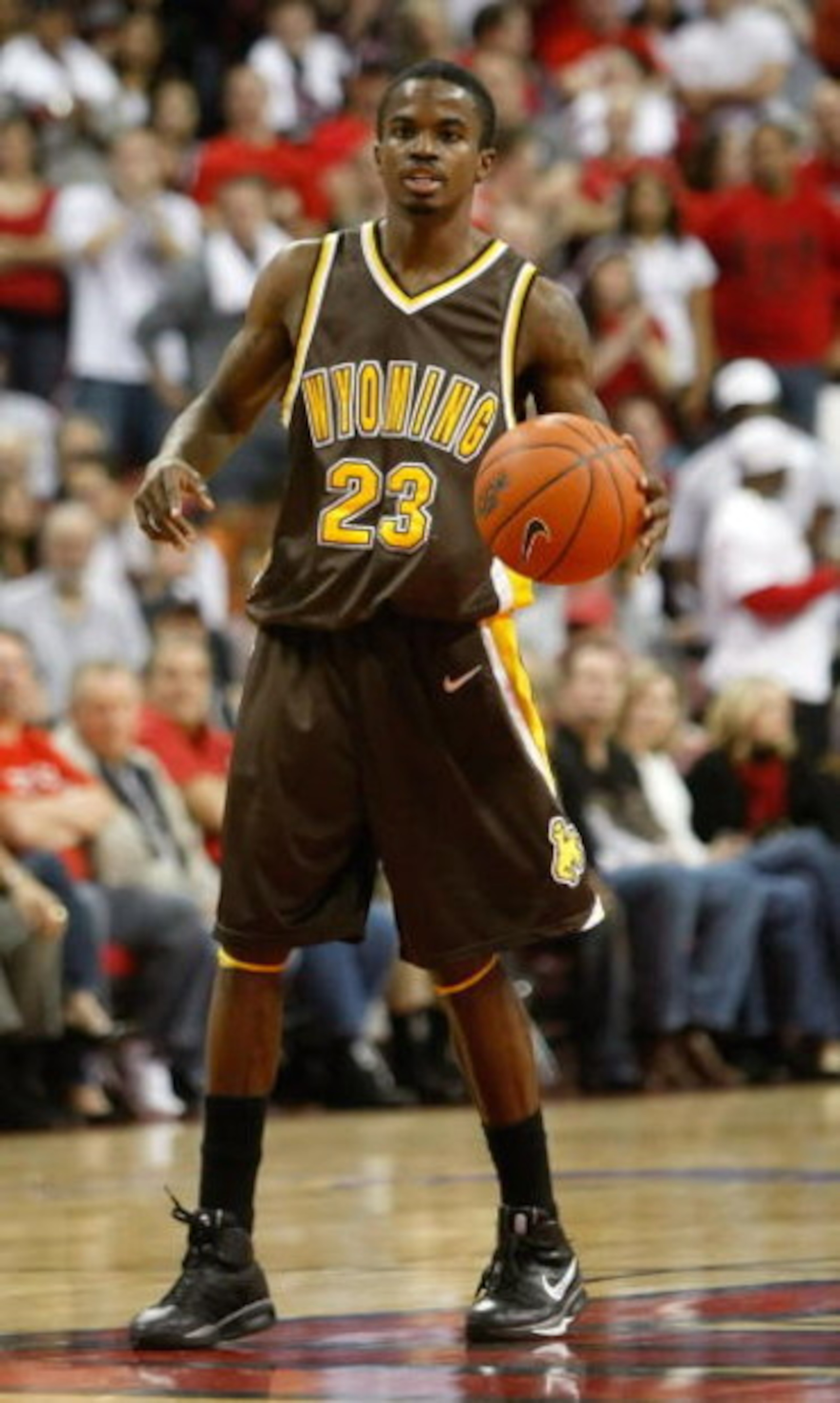 LAS VEGAS - JANUARY 17:  Brandon Ewing #23 of the Wyoming Cowboys brings the ball up the court during a game against the UNLV Rebels at the Thomas & Mack Center January 17, 2009 in Las Vegas, Nevada. UNLV won 83-66.  (Photo by Ethan Miller/Getty Images)