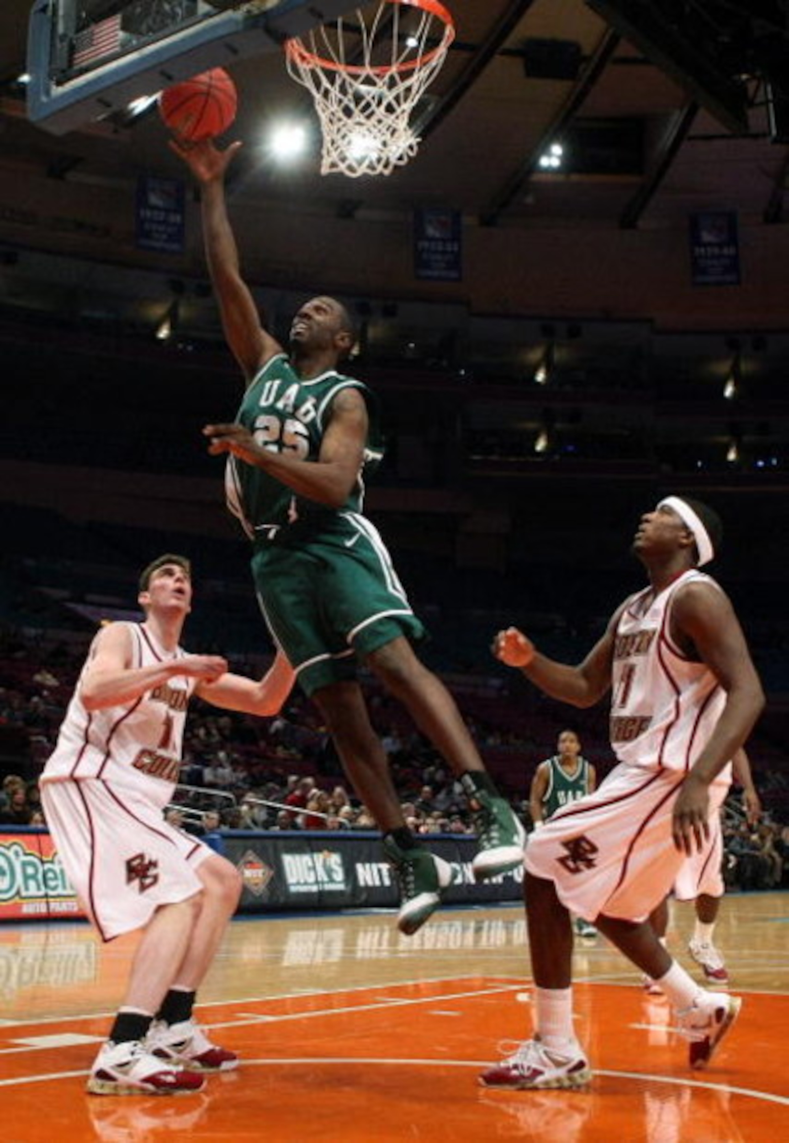 NEW YORK - NOVEMBER 28: Channing Toney #25 of the UAB Blazers lays the ball up against the Boston College Eagles during Pre-Season NIT on November 28, 2008 at Madison Square Garden in New York City.  (Photo by Nick Laham/Getty Images)