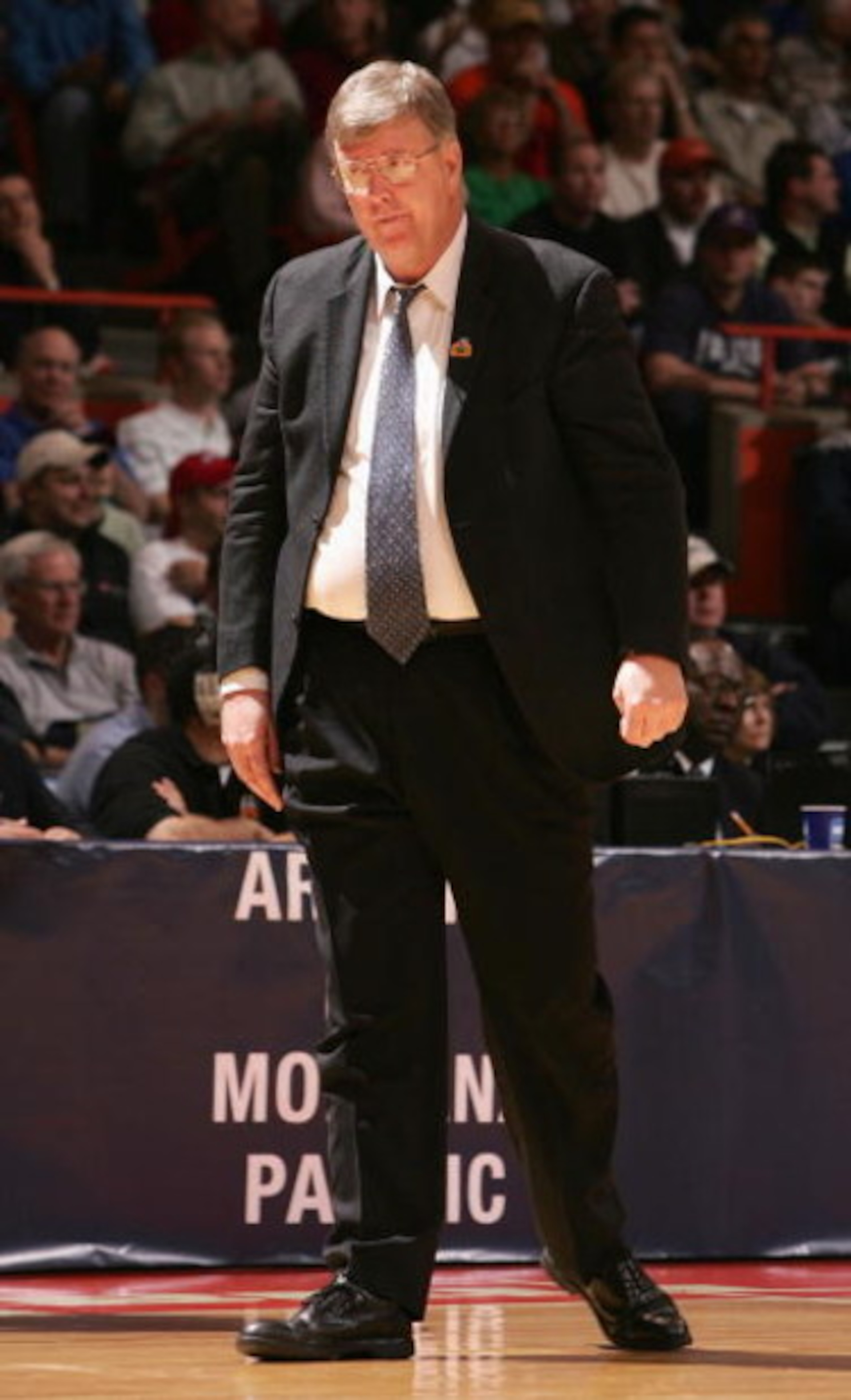 BOISE, ID - MARCH 17:  Head coach Stew Morrill of the Utah State Aggies looks on during the 2005 NCAA division 1 men's basketball championship tournament game against the Arizona Wildcats at Taco Bell Arena on March 17, 2005 in Boise, Idaho.   The Wildcat