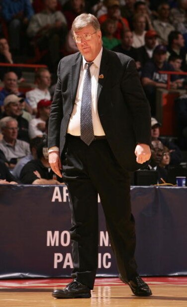 BOISE, ID - MARCH 17:  Head coach Stew Morrill of the Utah State Aggies looks on during the 2005 NCAA division 1 men's basketball championship tournament game against the Arizona Wildcats at Taco Bell Arena on March 17, 2005 in Boise, Idaho.   The Wildcat