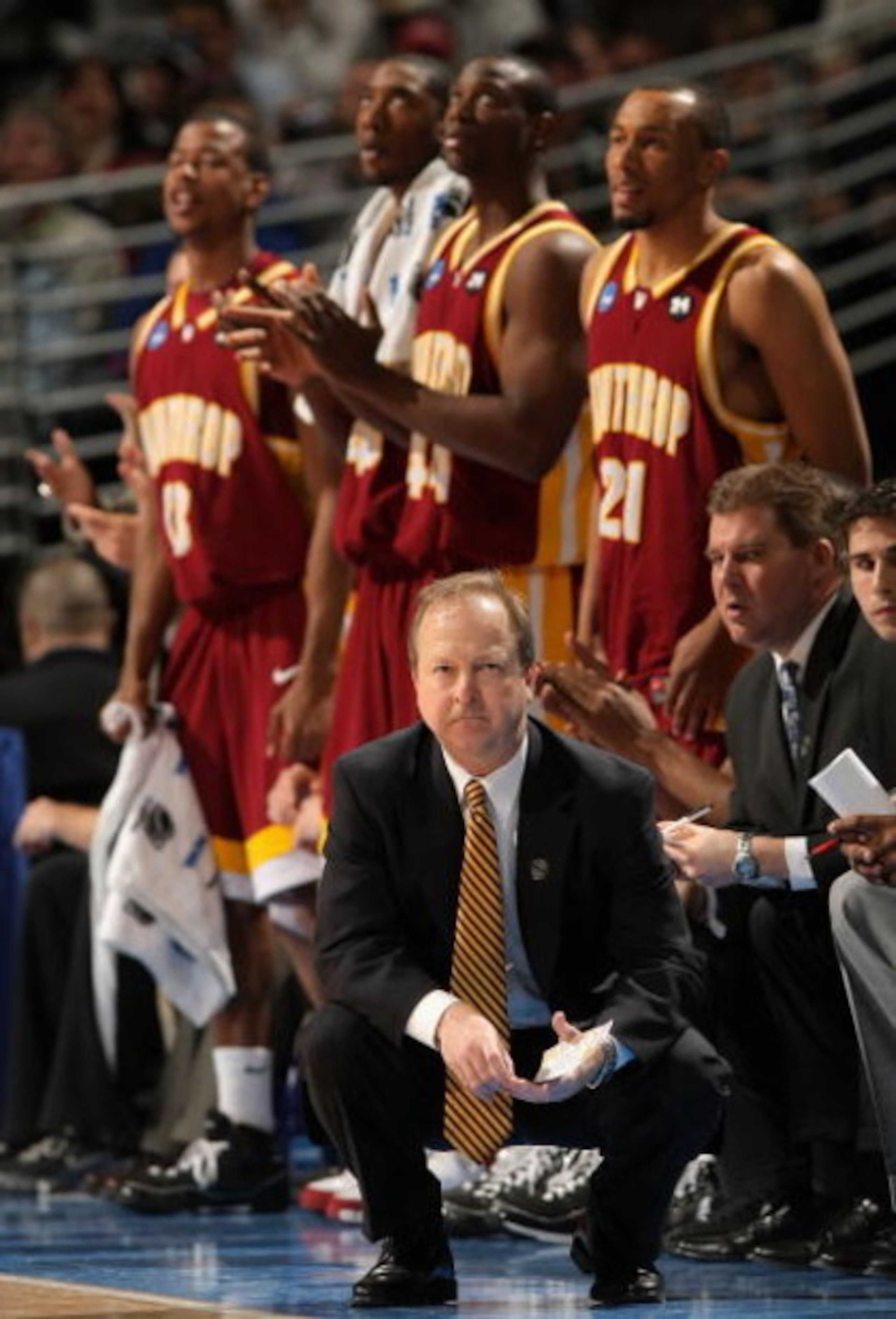 DENVER - MARCH 20:  Head coach Randy Peele of the Winthrop Eagles calls a play during the first round game of the East Regional against the Washington St. Cougars as part of the 2008 NCAA Men's Basketball Tournament at Pepsi Center on March 20, 2008 in De