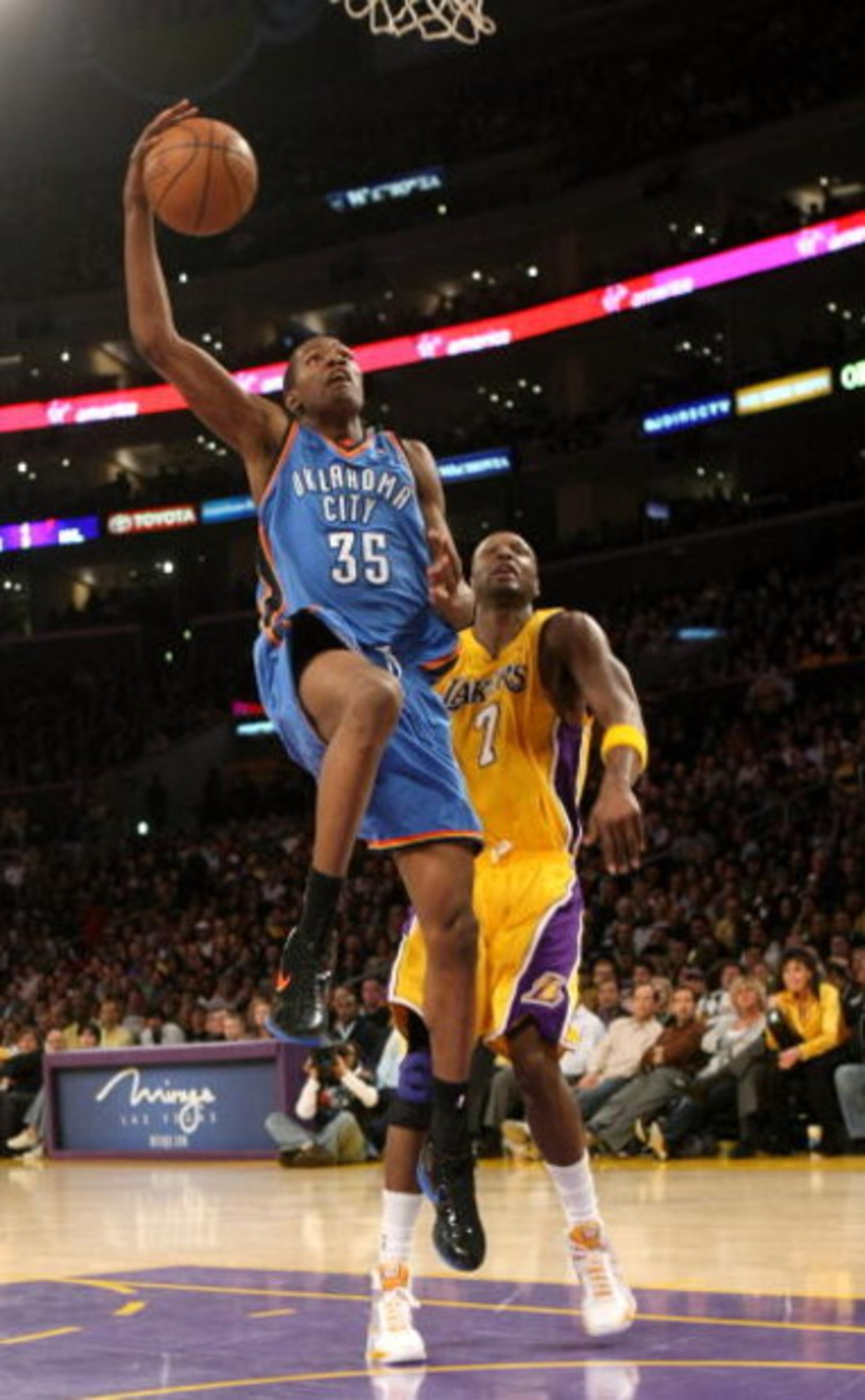 LOS ANGELES - FEBRUARY 10:  Kevin Durant #35 of the Oklahoma City Thundergoes up for a shot over Lamar Odom #7 of the Los Angeles Lakers on February 10, 2009 at Staples Center in Los Angeles, California.  The Lakers won 105-98.   NOTE TO USER: User expres