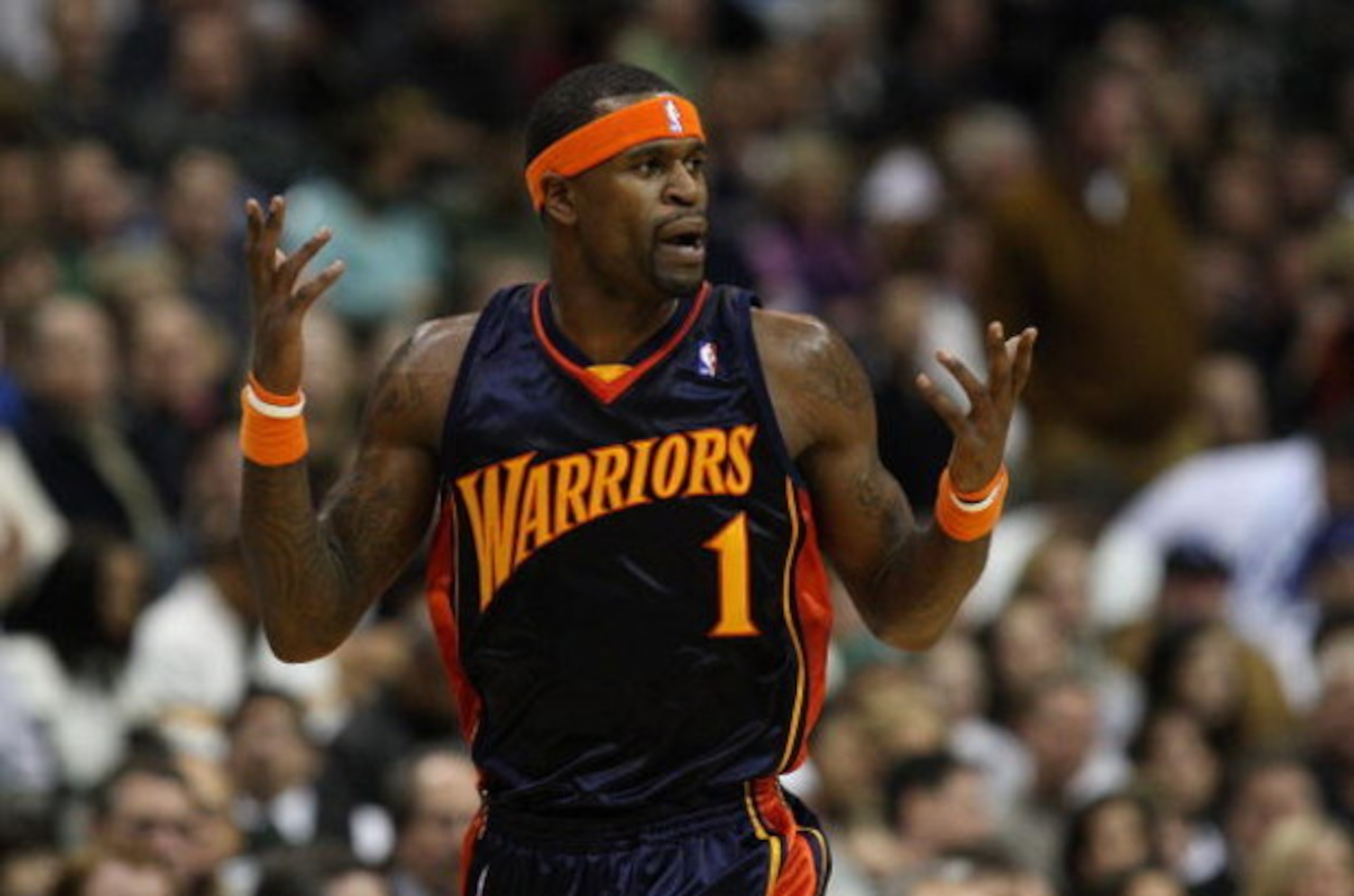 DALLAS - JANUARY 28:  Stephen Jackson #1 of the Golden State Warriors during play against the Dallas Mavericks on January 28, 2008 at American Airlines Center in Dallas, Texas.  NOTE TO USER: User expressly acknowledges and agrees that, by downloading and