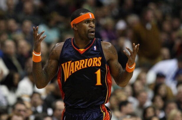 DALLAS - JANUARY 28:  Stephen Jackson #1 of the Golden State Warriors during play against the Dallas Mavericks on January 28, 2008 at American Airlines Center in Dallas, Texas.  NOTE TO USER: User expressly acknowledges and agrees that, by downloading and