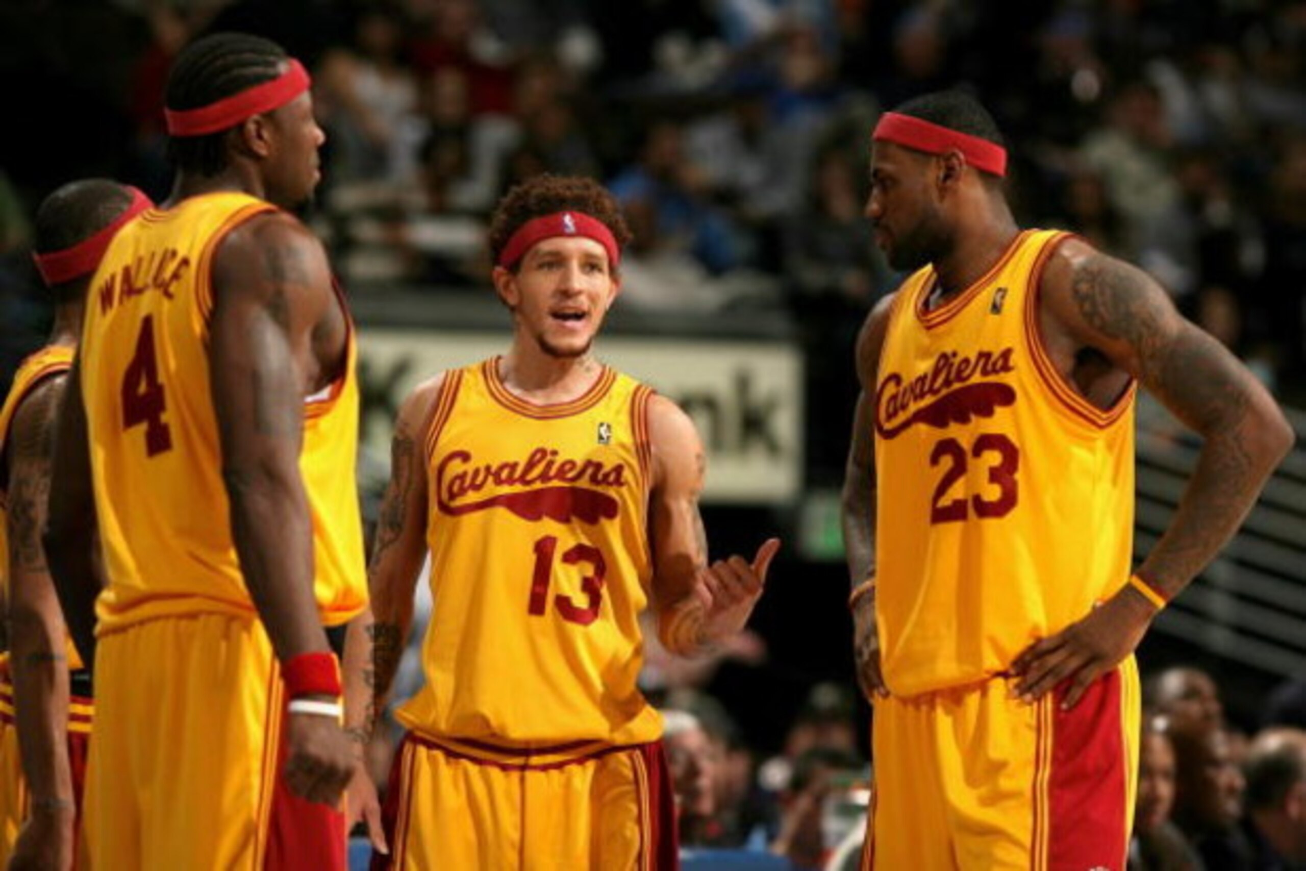 DENVER - DECEMBER 19:  Ben Wallace #4, Delonte West #13 and LeBron James #23 of the Cleveland Cavaliers talk during a break in the action against the Denver Nuggets at the Pepsi Center on December 19, 2008 in Denver, Colorado.The Cavaliers defeated the Nu