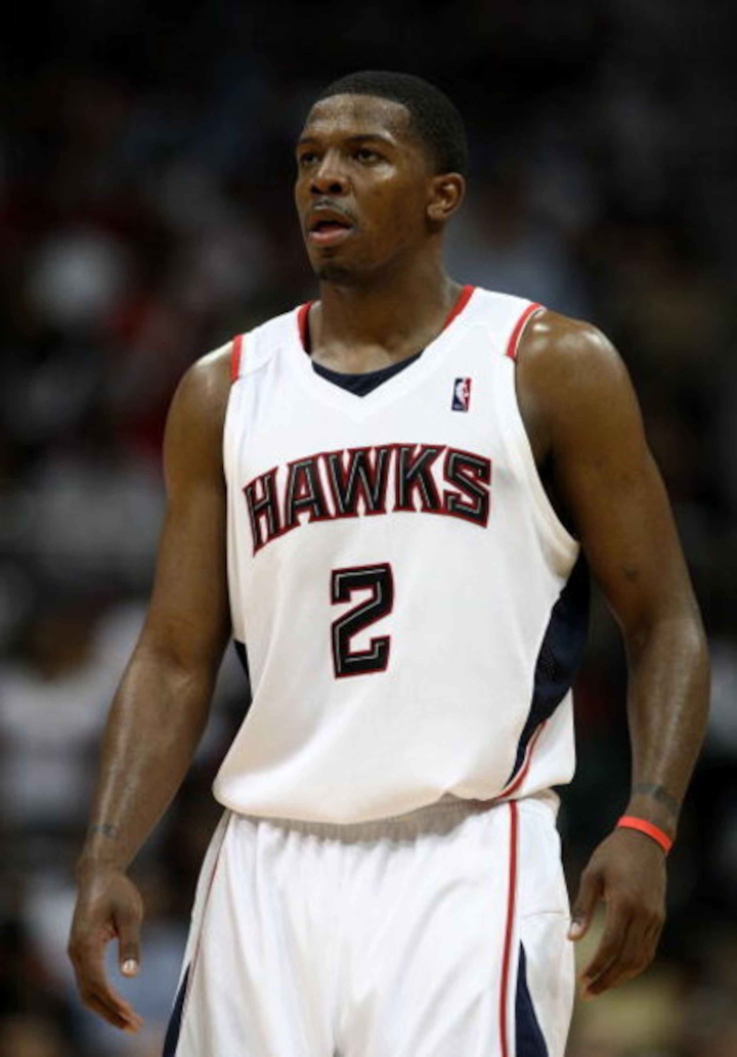 ATLANTA - APRIL 28: Guard Joe Johnson #2 of the Atlanta Hawks takes a breather in Game Four of the Eastern Conference Quarterfinals against the Boston Celtics during the 2008 NBA Playoffs at the Philips Arena on April 28, 2008 in Atlanta, Georgia. The Haw