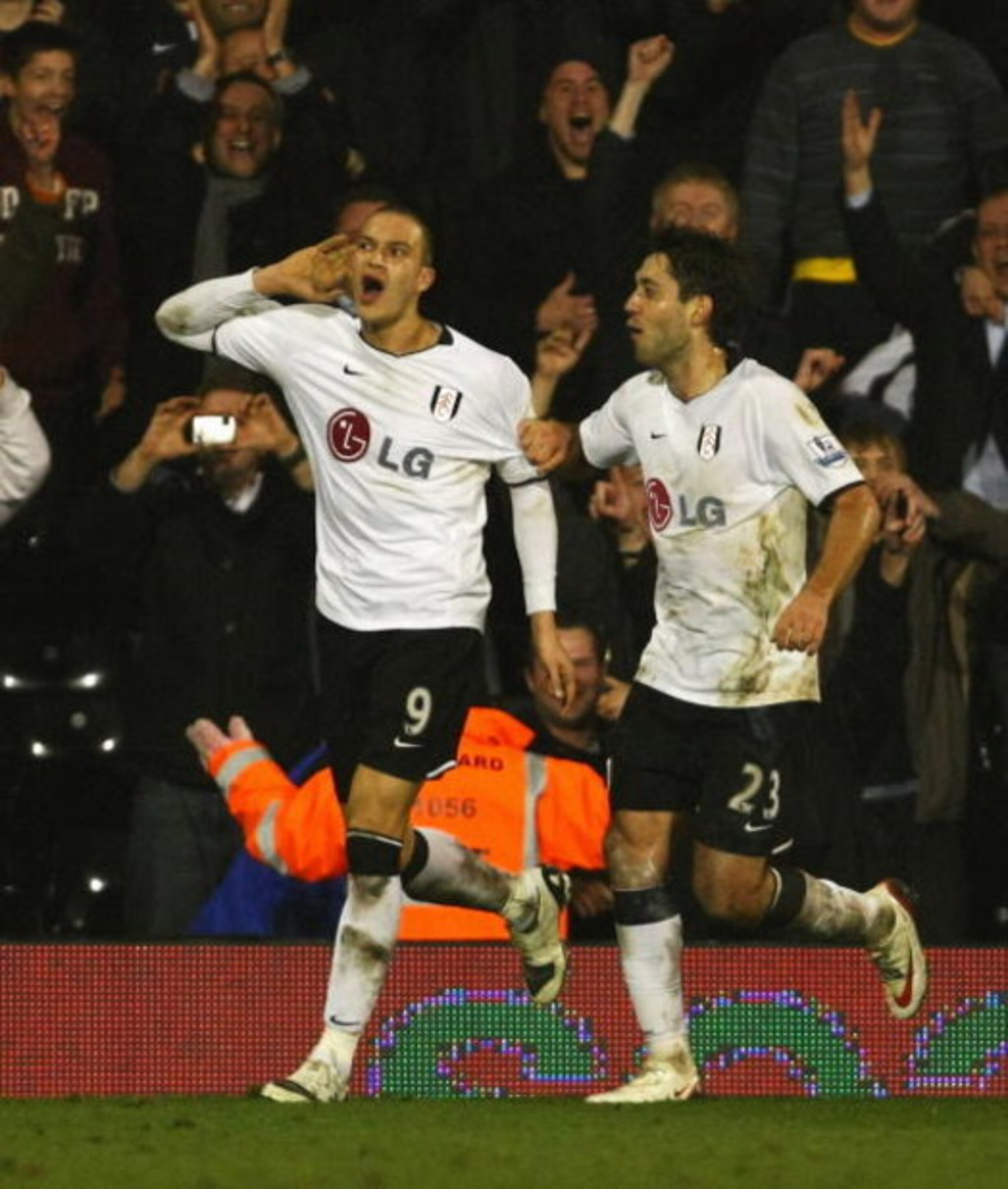 LONDON - FEBRUARY 24: Bobby Zamora of Fulham celebrates his goal with Clint Dempsey of Fulham during the FA Cup sponsored by E.on Fifth Round Replay match between Fulham and Swansea City at Craven Cottage on February 24, 2009 in London, England. (Photo b LONDON - FEBRUARY 24: Bobby Zamora of Fulham celebrates his goal with Clint Dempsey of Fulham during the FA Cup sponsored by E.on Fifth Round Replay match between Fulham and Swansea City at Craven Cottage on February 24, 2009 in London, England. (Photo b