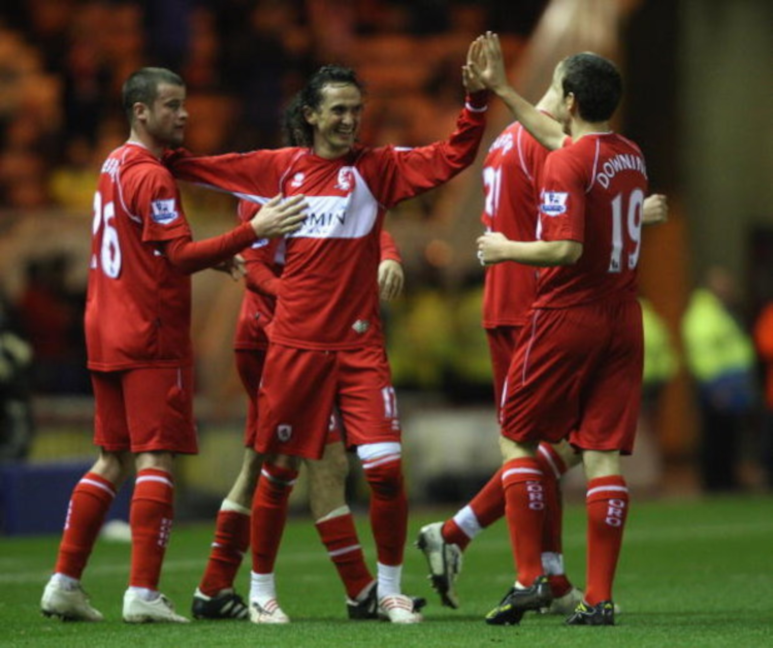 MIDDLESBROUGH, UNITED KINGDOM - FEBRUARY 25: Tuncay Sanli of Middlesbrough is congratulated after the second goal during the FA Cup 5th Round Replay match sponsored by e.on between Middlesbrough and West Ham United at The Riverside Stadium on February 25 MIDDLESBROUGH, UNITED KINGDOM - FEBRUARY 25: Tuncay Sanli of Middlesbrough is congratulated after the second goal during the FA Cup 5th Round Replay match sponsored by e.on between Middlesbrough and West Ham United at The Riverside Stadium on February 25