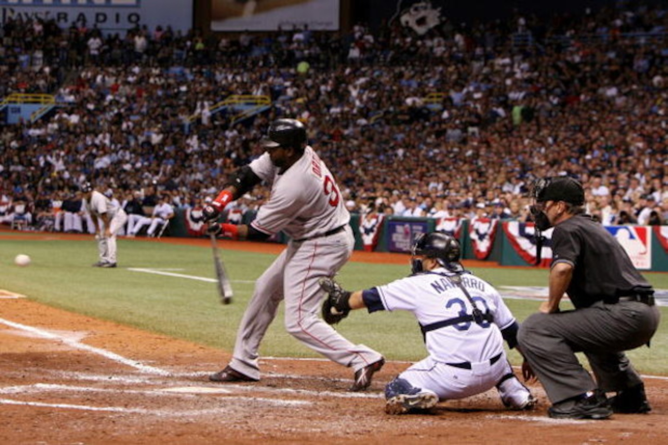 ST PETERSBURG, FL - OCTOBER 18:  David Ortiz #34 of the Boston Red Sox bats against the Tampa Bay Rays in game six of the American League Championship Series during the 2008 MLB playoffs on October 18, 2008 at Tropicana Field in St Petersburg, Florida.  (