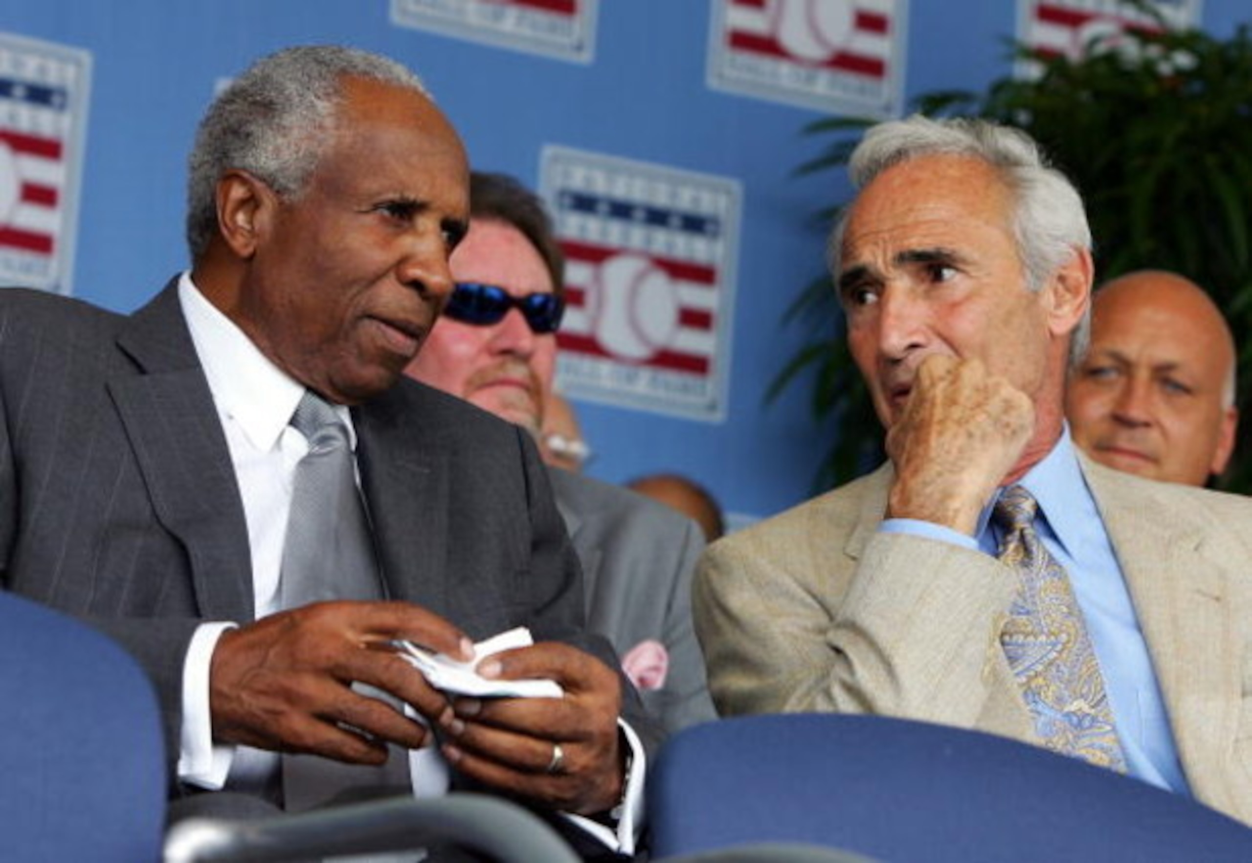 COOPERSTOWN, NY - JULY 27:  Hall of Famers Frank Robinson (L) and Sandy Koufax talk at Clark Sports Center prior to the Baseball Hall of Fame induction ceremony on July 27, 2008 in Cooperstown, New York.  (Photo by Jim McIsaac/Getty Images)