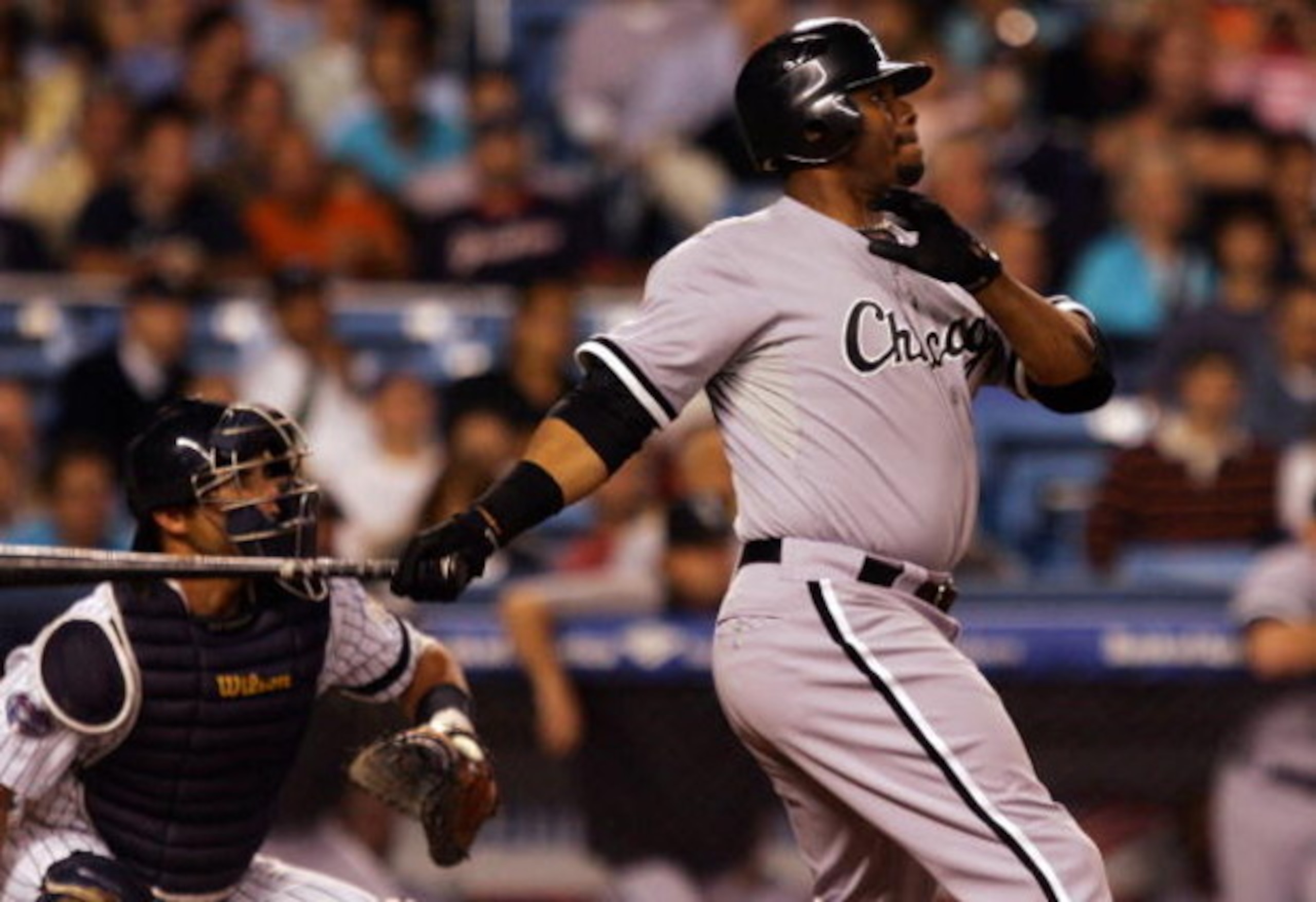 NEW YORK - SEPTEMBER 17:  Ken Griffey Jr. of the Chicago White Sox watches the flight of his seventh inning double against the New York Yankees on September 17, 2008 at Yankee Stadium in the Bronx borough of New York City.  (Photo by Jim McIsaac/Getty Ima