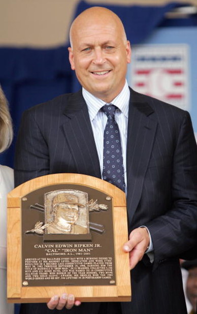 COOPERSTOWN, NY - JULY 29: 2007 inductee Cal Ripken Jr. poses with his plaque at Clark Sports Center during the Baseball Hall of Fame induction ceremony on July 29, 2007 in Cooperstown, New York. (Photo by Chris McGrath/Getty Images)