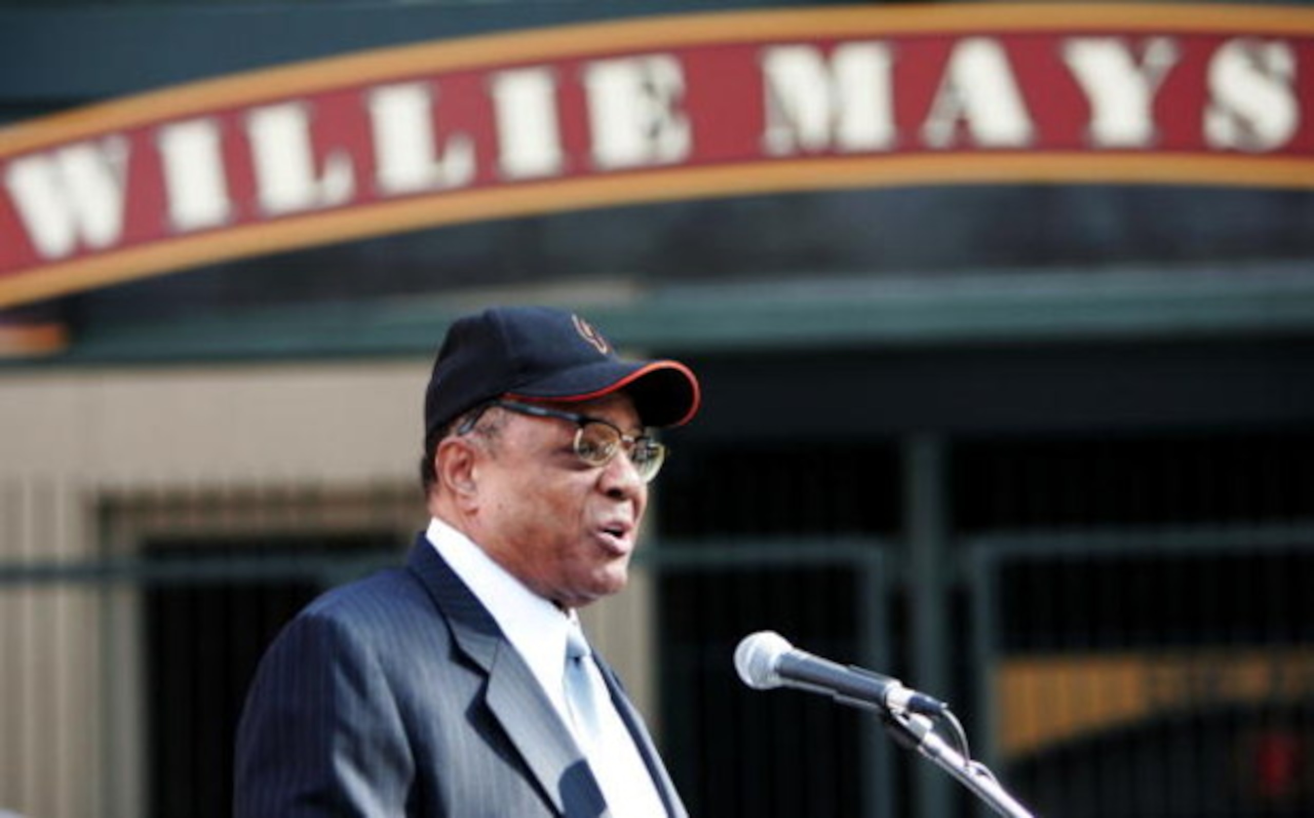 SAN FRANCISCO - FEBRUARY 9:  Willie Mays speaks at a press conference to announce the site of the 2007 MLB All-Star Game at SBC Park on February 9, 2005 in San Francisco, California. (Photo by Jed Jacobsohn/Getty Images)