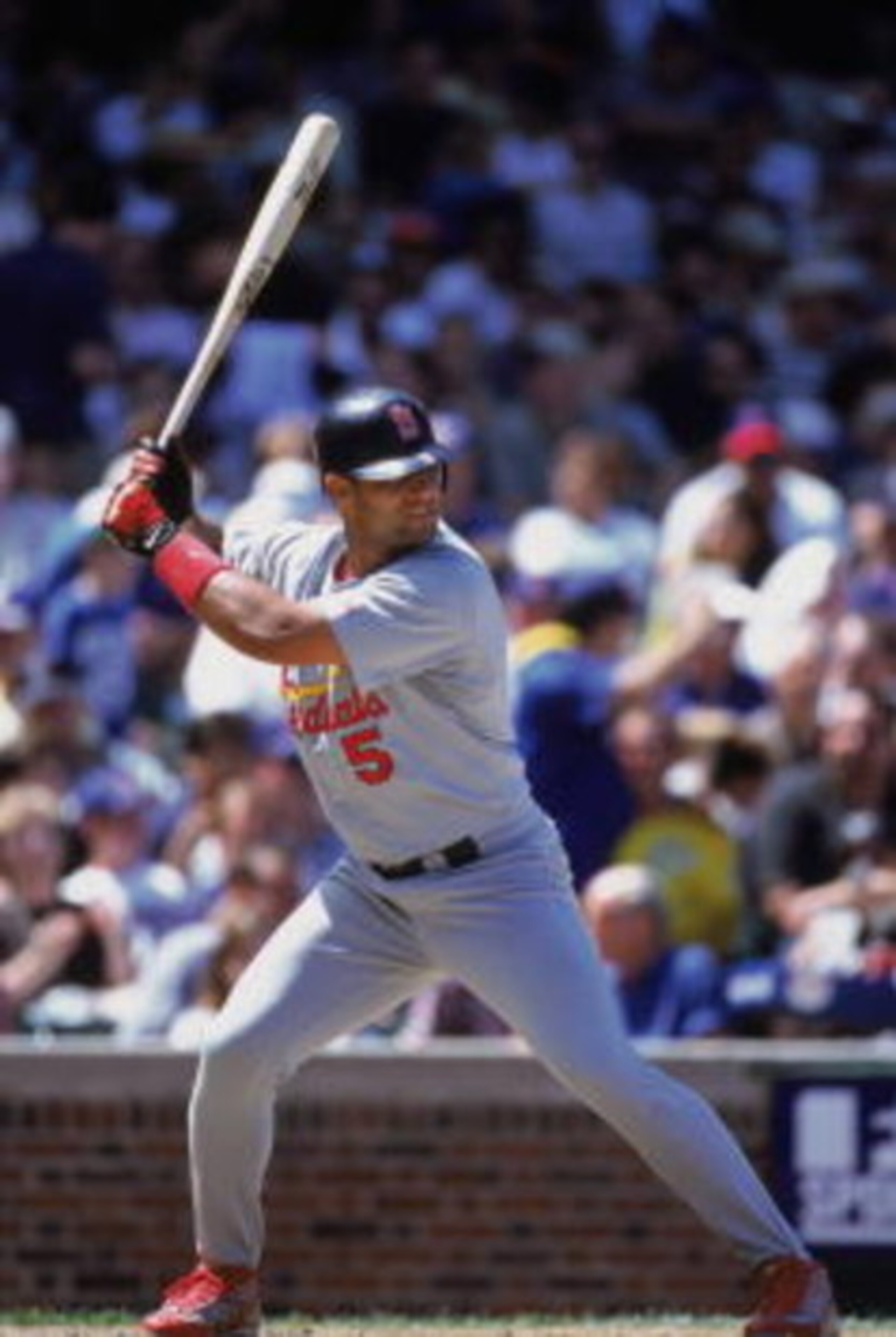 30 Jun 2001:  Infielder Albert Pujols #5 of the St. Louis Cardinals waits for the pitch during the National League game against the San Francisco Giants at Pacific Bell Park in San Francisco, California.  The Giants defeated the Cardinals 5-2.  Mandatory 