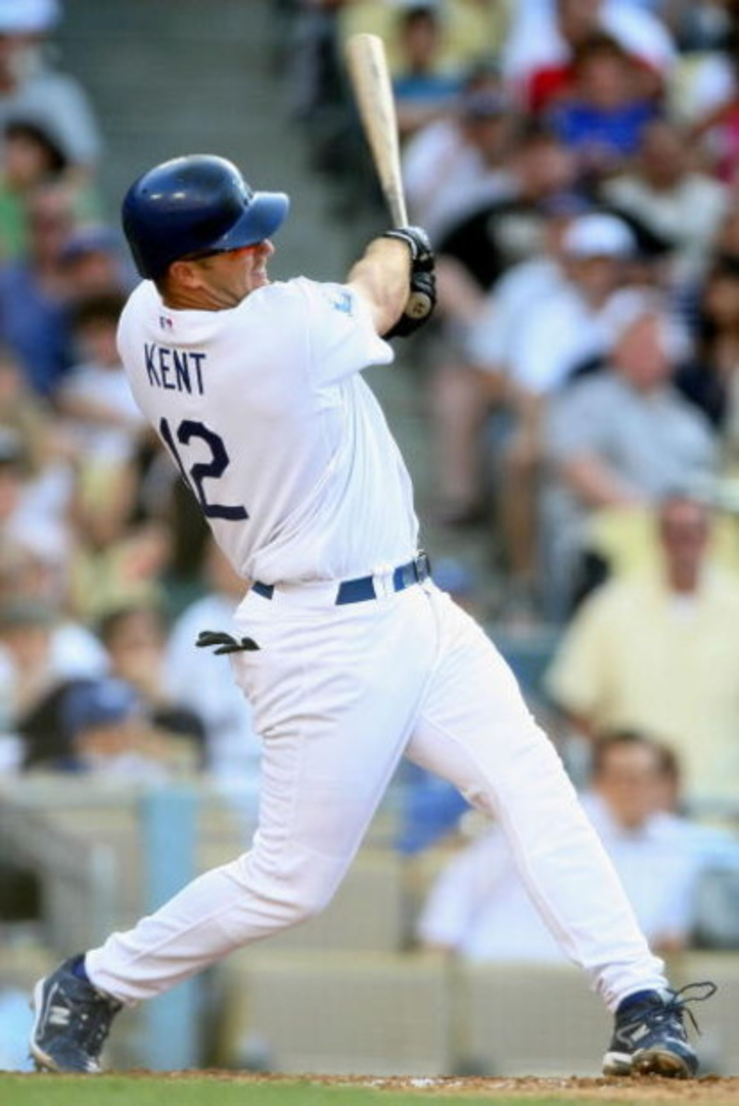 LOS ANGELES, CA - JUNE 08:  Jeff Kent #12 of the Los Angeles Dodgers flies out to left during the game against the Chicago Cubs at Dodger Stadium on June 8, 2008 in Los Angeles, California. The Cubs defeated the Dodgers 3-1.  (Photo by Harry How/Getty Ima