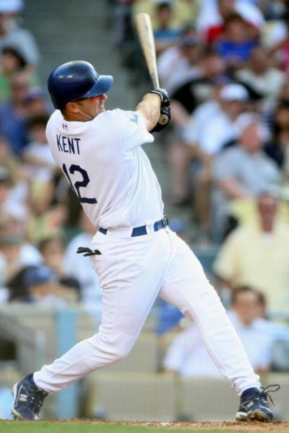 LOS ANGELES, CA - JUNE 08:  Jeff Kent #12 of the Los Angeles Dodgers flies out to left during the game against the Chicago Cubs at Dodger Stadium on June 8, 2008 in Los Angeles, California. The Cubs defeated the Dodgers 3-1.  (Photo by Harry How/Getty Ima