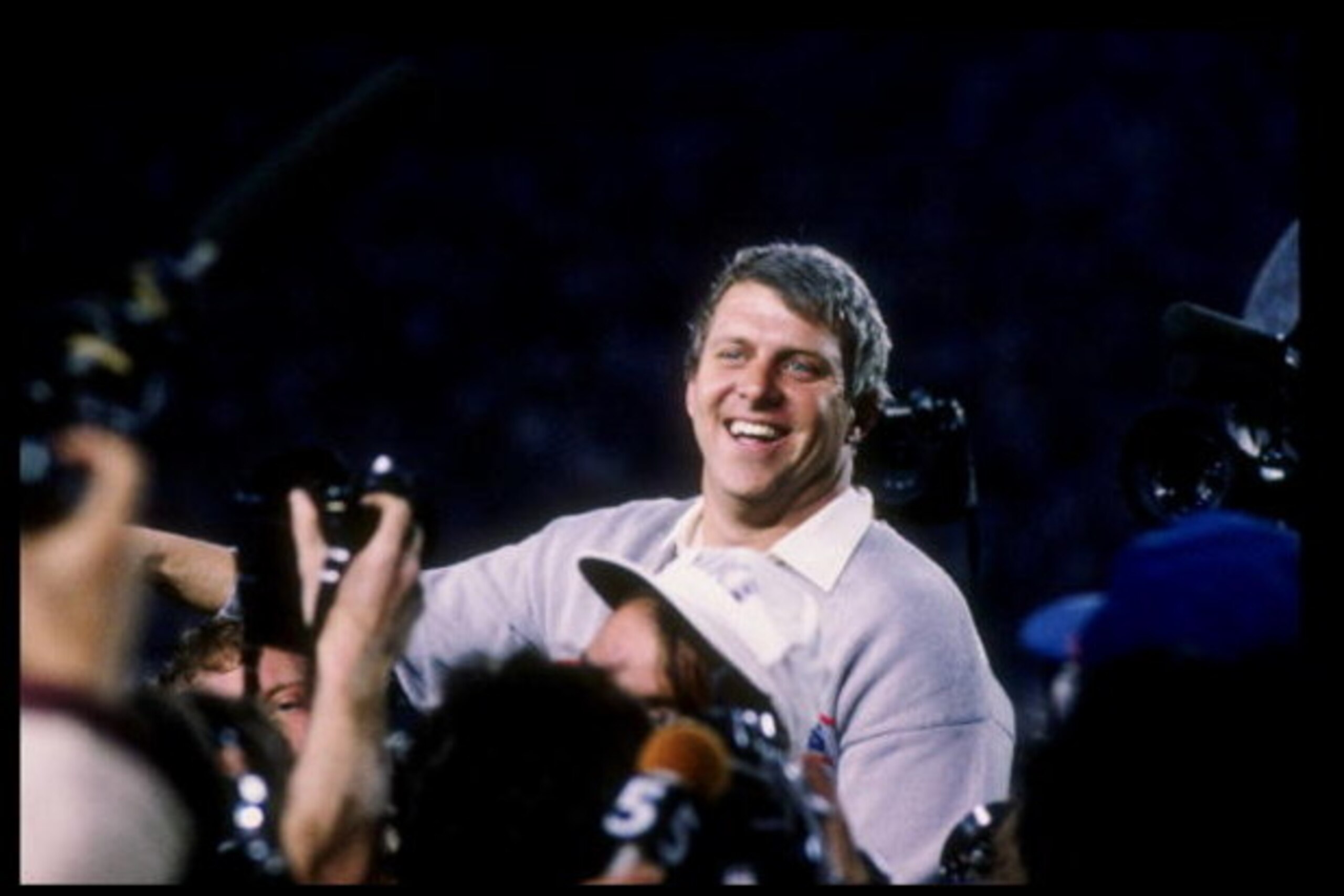 25 Jan 1987: Head coach Bill Parcells of the New York Giants celebrates after Super Bowl XXI against the Denver Broncos at the Rose Bowl in Pasadena, California. The Giants won the game 39-20.