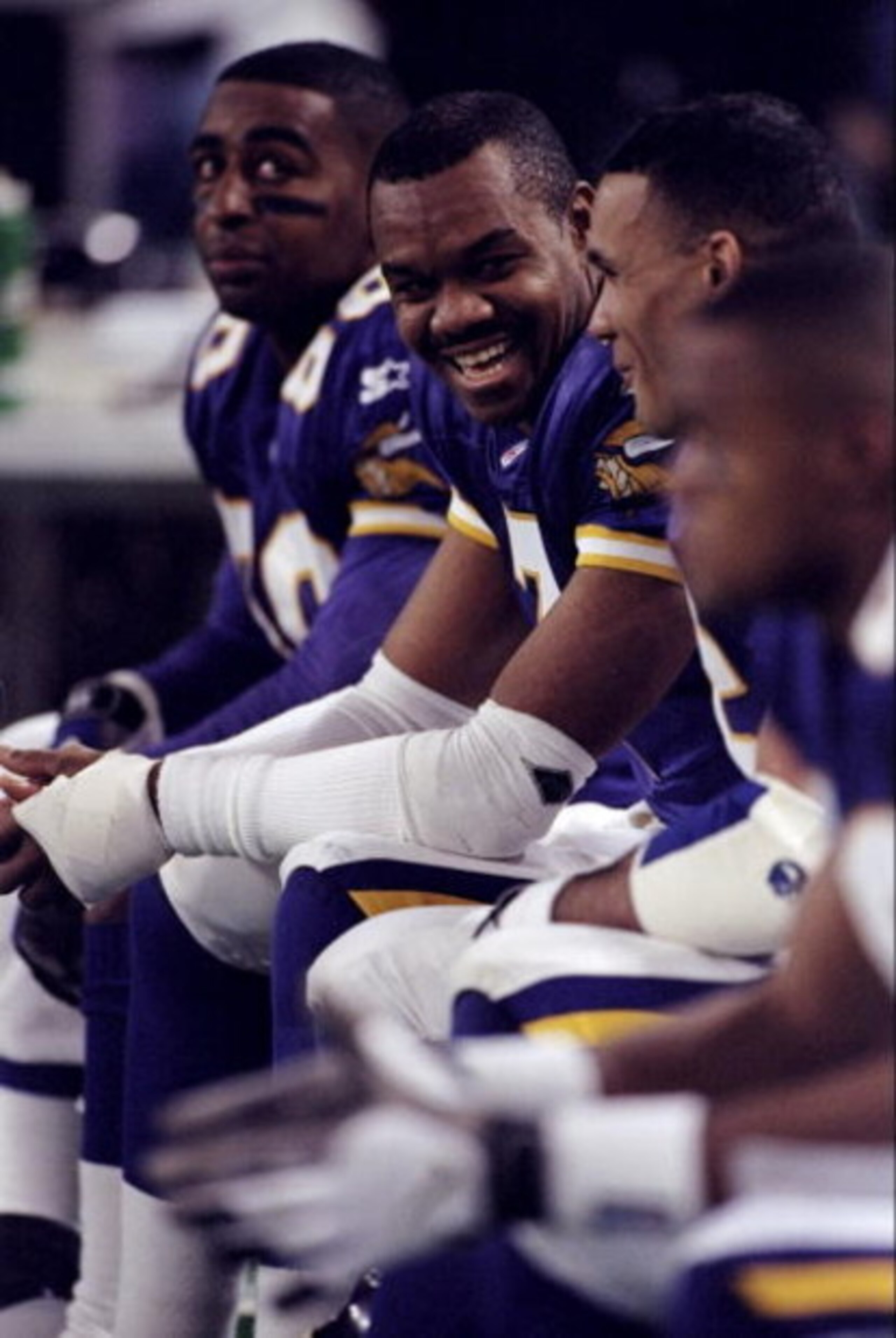 10 Jan 1999: Quarterback Randall Cunningham #7 of the Minnesota Vikings sitting on the bench talking during the NFC Play Offs Game against the Arizona Cardinals at the Hubert H. Humphrey Metrodome in Minneapolis, Minnesota. The Vikings defeated the Cardin