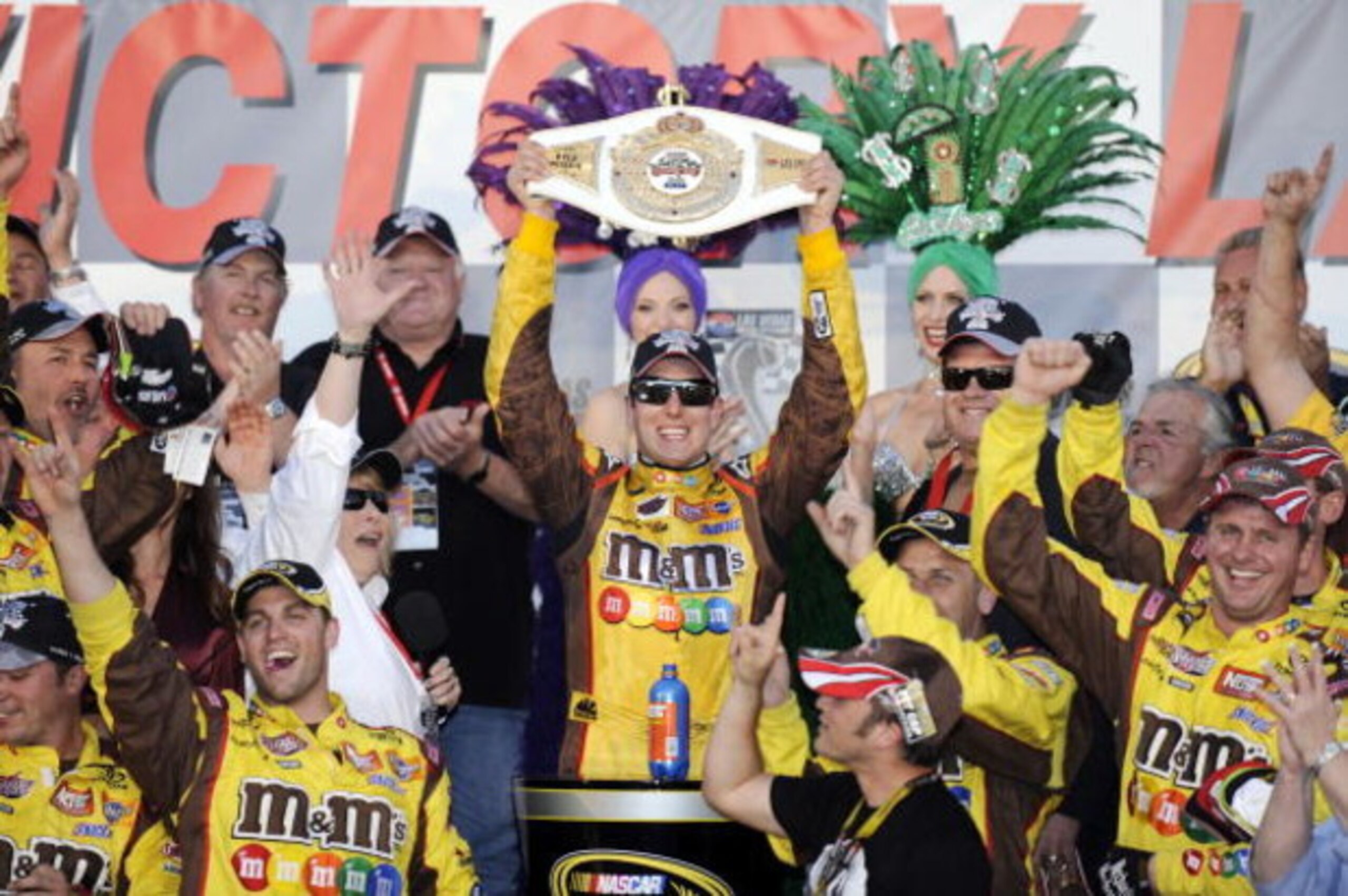 LAS VEGAS - MARCH 01: Kyle Busch, driver of the #18 M&M's Toyota, celebrates in Victory Lane after winning the NASCAR Sprint Cup Series Shelby 427 at the Las Vegas Motor Speedway on March 1, 2009 in Las Vegas, Nevada. (Photo by Rusty Jarrett/Getty Image LAS VEGAS - MARCH 01: Kyle Busch, driver of the #18 M&M's Toyota, celebrates in Victory Lane after winning the NASCAR Sprint Cup Series Shelby 427 at the Las Vegas Motor Speedway on March 1, 2009 in Las Vegas, Nevada. (Photo by Rusty Jarrett/Getty Image
