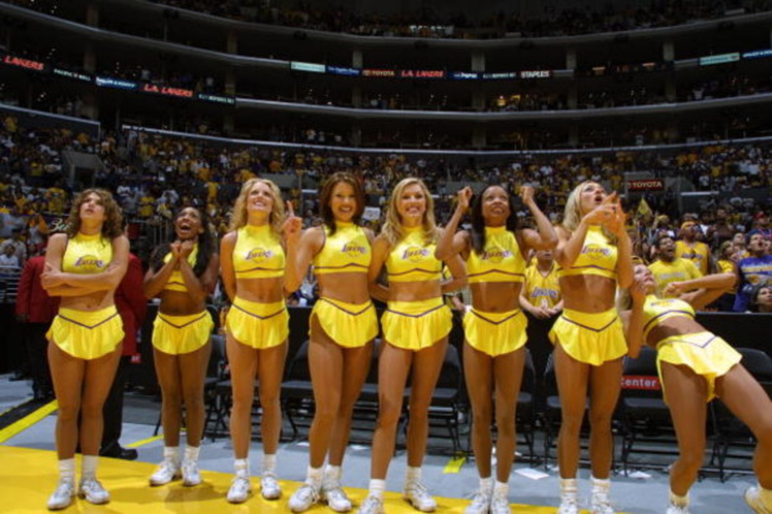 390606 13: The Laker Girls watch the NBA championships live via satellite at the Staples Center June 15, 2001 in Los Angeles, CA. The Los Angeles Lakers beat the Philadelphia 76ers with the score of 108 to 96 to become the National Basketball Association 390606 13: The Laker Girls watch the NBA championships live via satellite at the Staples Center June 15, 2001 in Los Angeles, CA. The Los Angeles Lakers beat the Philadelphia 76ers with the score of 108 to 96 to become the National Basketball Association