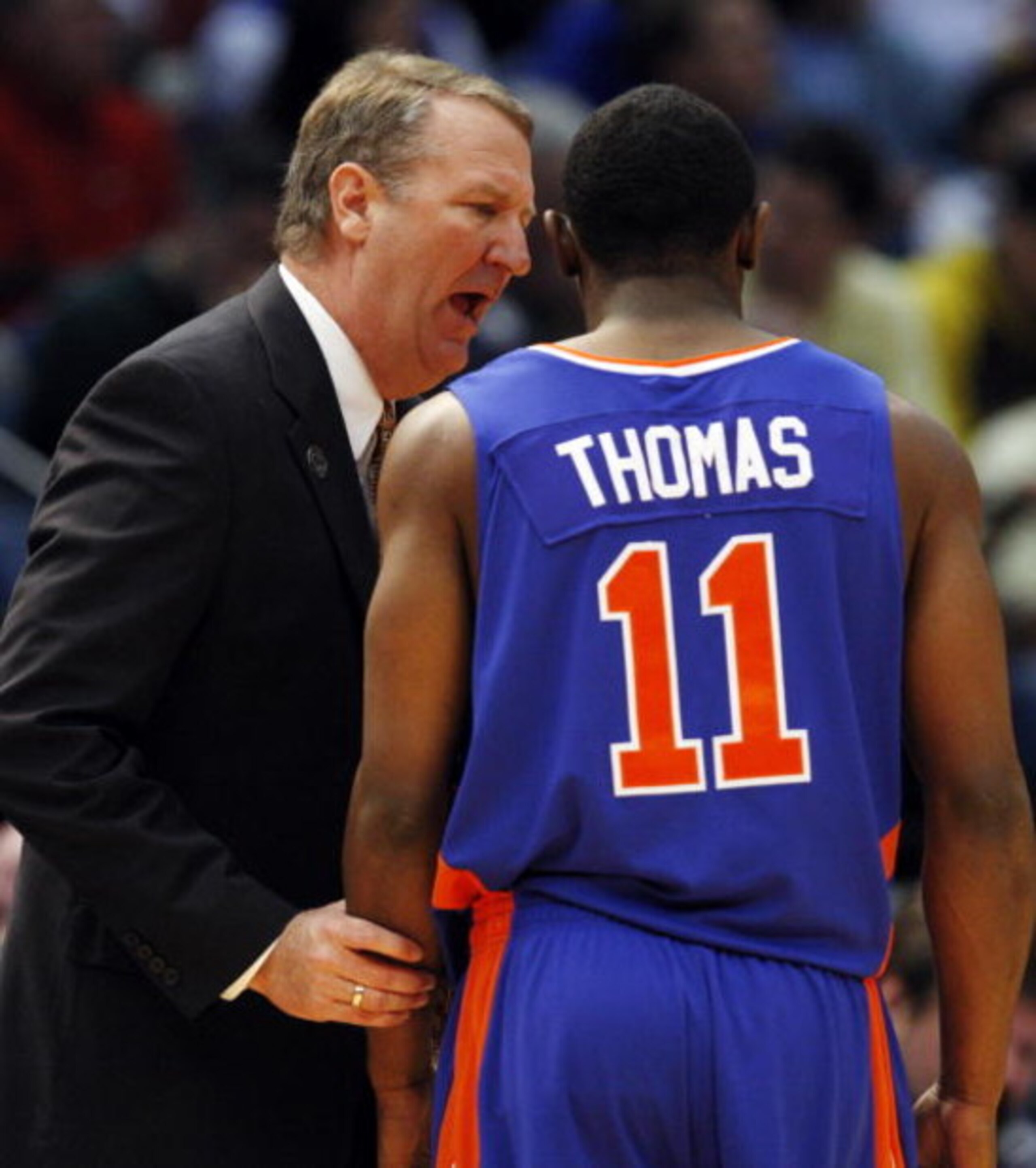 BIRMINGHAM, AL - MARCH 21:  Coach Greg Graham talks with Anthony Thomas #11 of the boise State Broncos during the first round of the East Regional as part of the 2008 NCAA Men's Basketball Tournament at the Birmingham-Jefferson Civic Center on March 21, 2