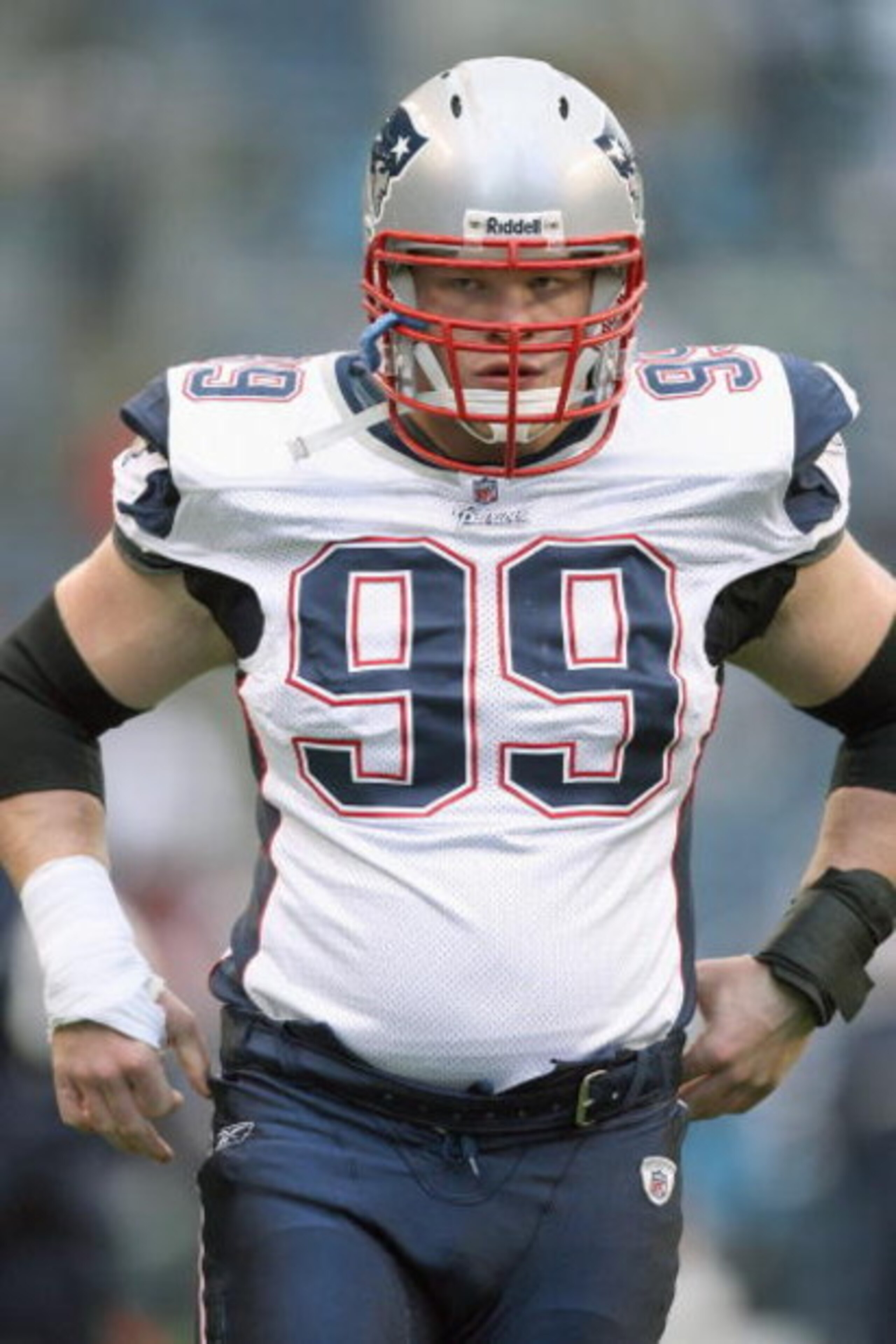 SEATTLE - DECEMBER 07:  Mike Wright #99 of the New England Patriots warms-up on the field before the game against the Seattle Seahawks on December 7, 2008 at Qwest Field in Seattle, Washington. The Patriots defeated the Seahawks 24-21. (Photo by Otto Greu