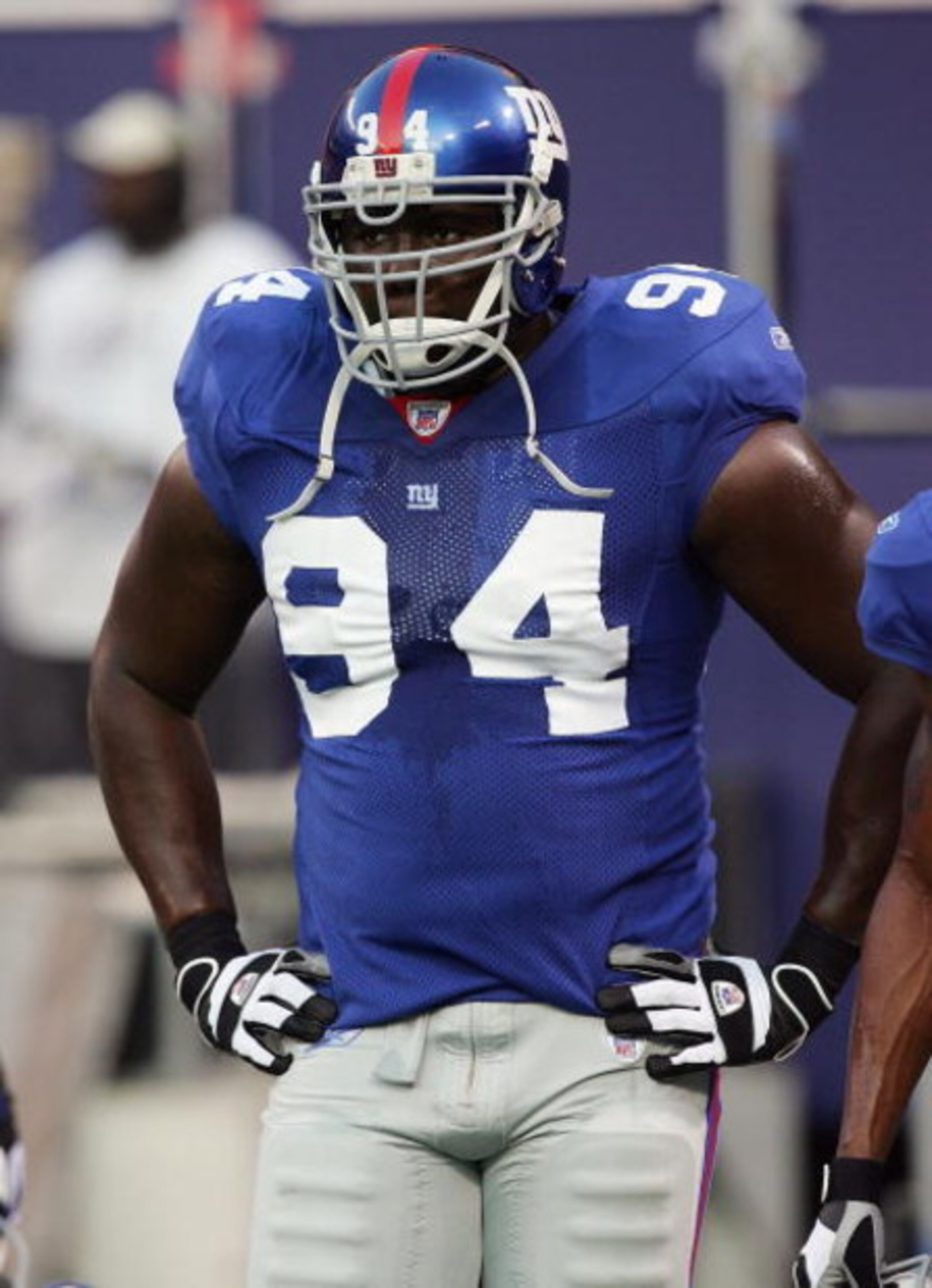 EAST RUTHERFORD, NJ - AUGUST 11: William Joseph #94 of the New York Giants looks on against the Carolina Panthers on August 11, 2007 at Giants Stadium in East Rutherford, New Jersey. (Photo by Jim McIsaac/Getty Images) 