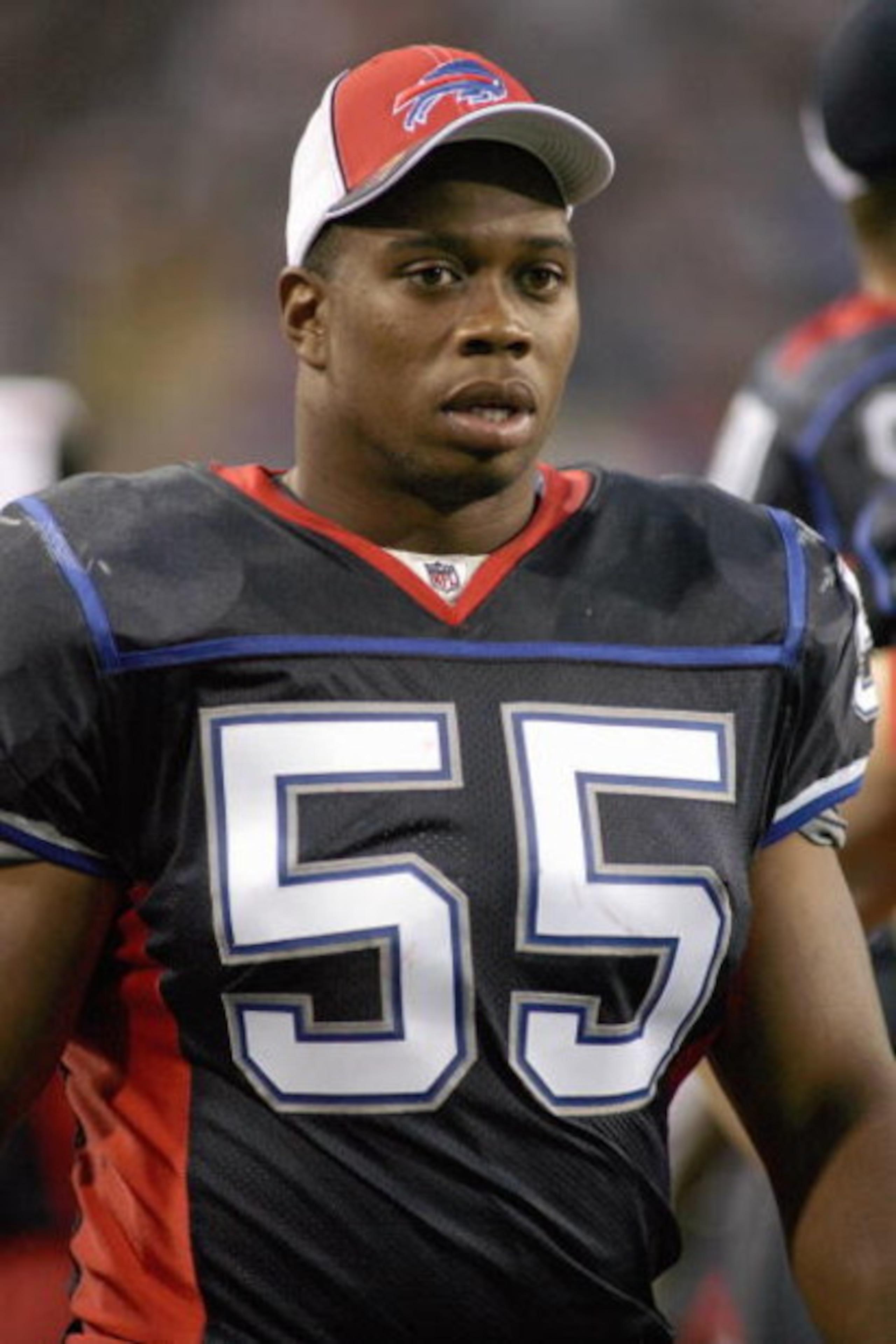 ORCHARD PARK - AUGUST 28:  Angelo Crowell #55 of the Buffalo Bills looks on from the sidelines during the game against the Detroit Lions at Ralph Wilson Stadium on August 28, 2008 in Orchard Park, New York. (Photo by: Rick Stewart/Getty Images)